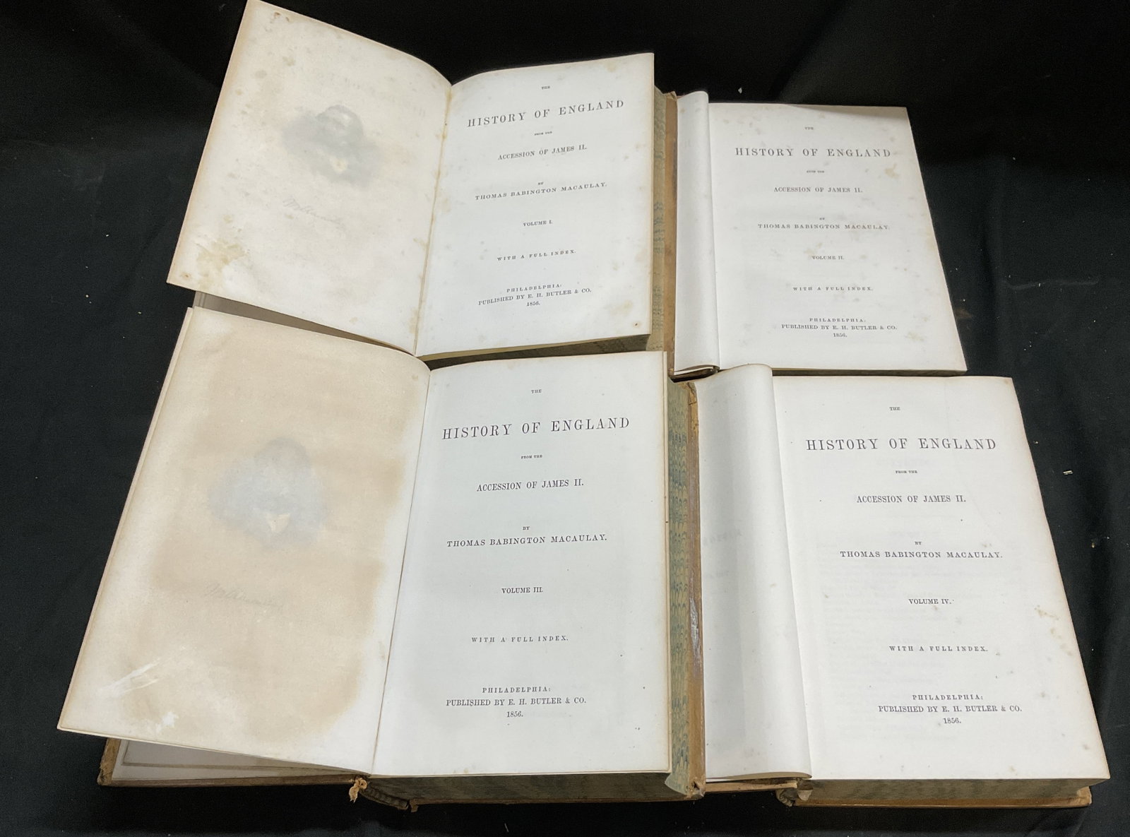 Lt4 ANTQ Macaulay History of England Books: 4 Antique 1856 History of England Books by Thomas Babington Macaulay. Published by E.H. Butler & Co in Philadelphia. Includes Volumes 1-4. Leather Bound with Marbled Pages. Comes with Handwritten