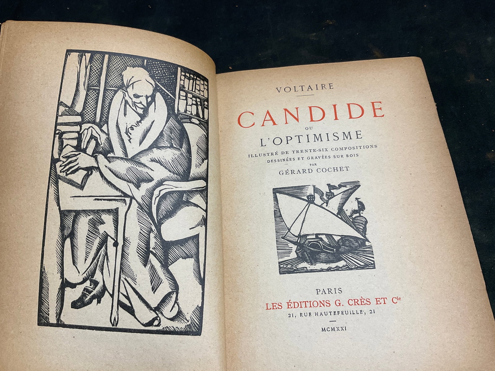 ANTQ ILL Voltaire Candide Ou LOptimisme PARIS: Antique 1921 Illustrated French Edition of Satirical Novella Candide Ou LOptimisme by Renowned French Philosopher Voltaire. Published by Les Editions G. Cres et Cie in Paris. Contains 36 Woodcut
