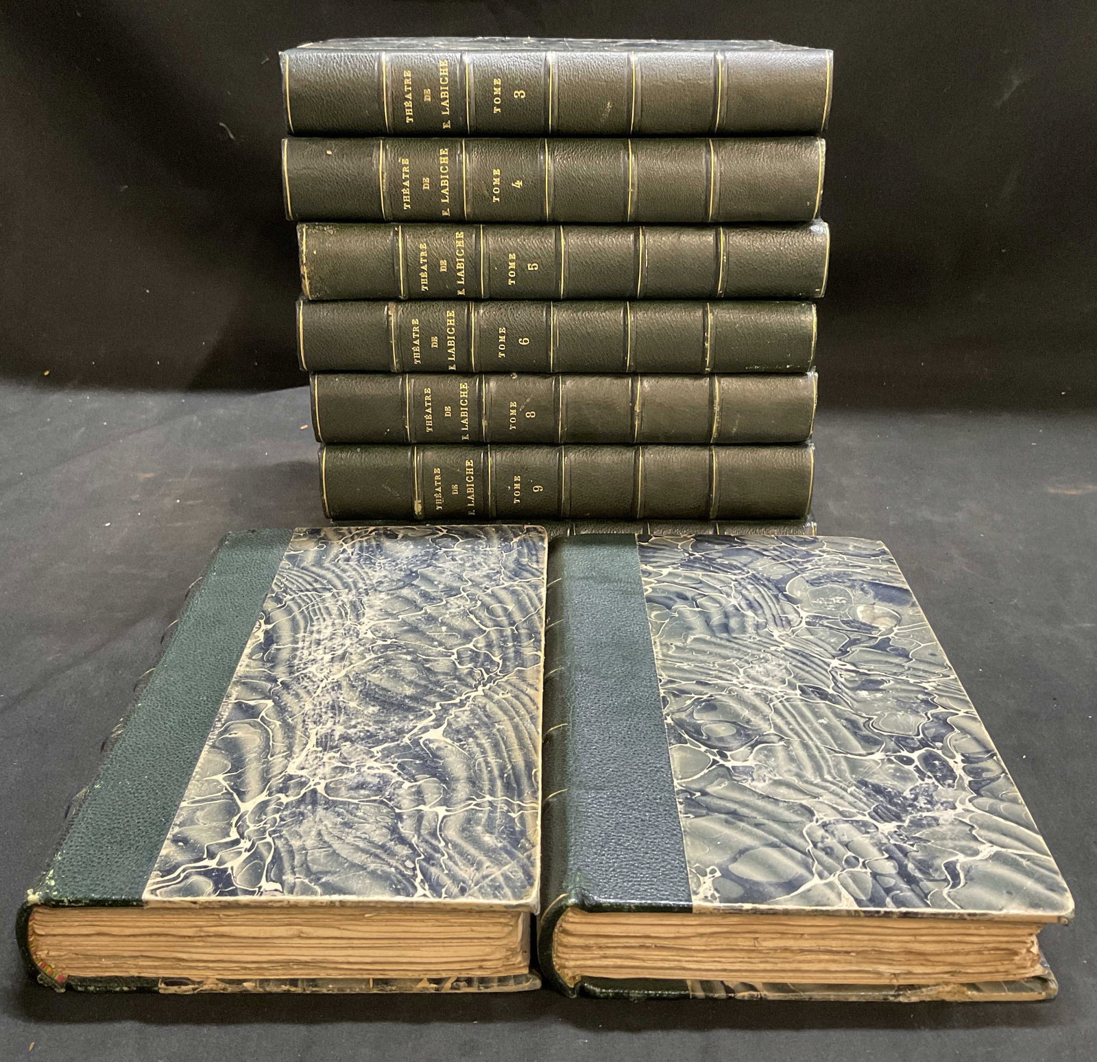 Lt9 ANQ Theatre Complet de Eugene Labiche Bks FRAN: 9 Antique 1898 Theatre Complet de Eugene Labiche Books. Features Works by French Dramatist Eugene Labiche. Published by Calmann Levy in Paris. Includes Volumes 1-6 and 8-10. Green Leather and Marble P