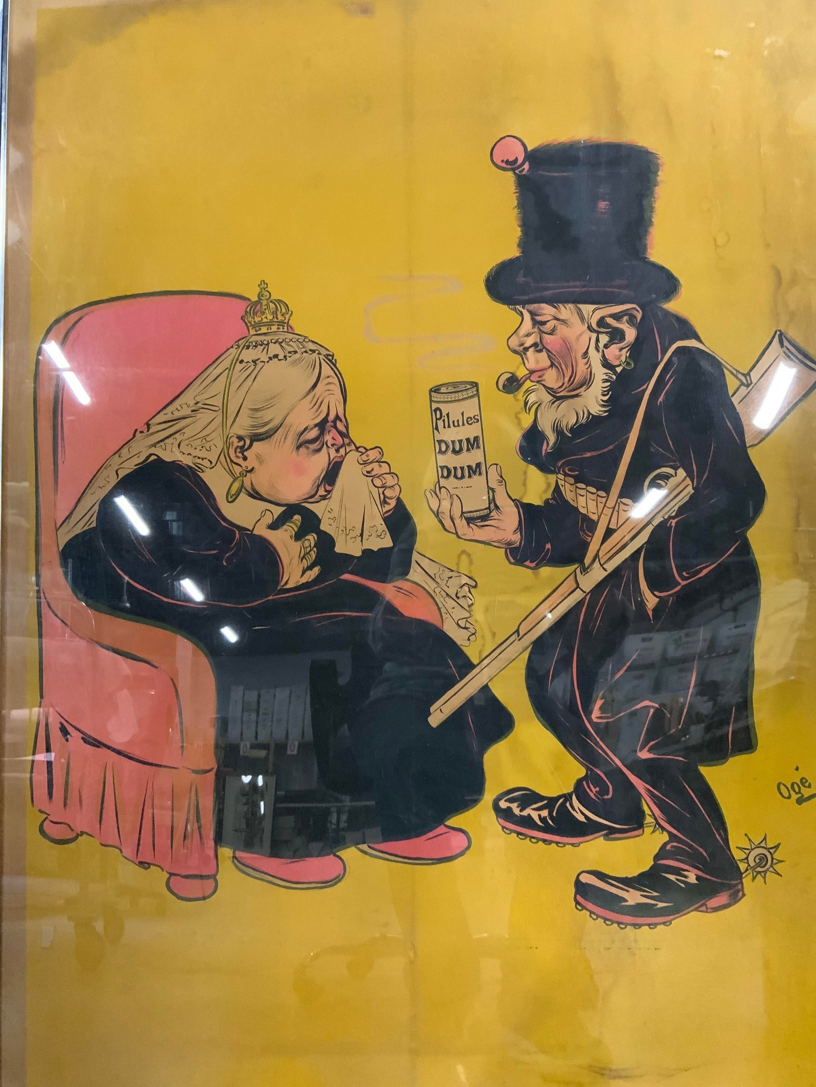 C1900 Poster Kruger offering Dum Dums to Queen: Circa 1900 satirical color lithograph poster titled Paul Kruger offering Dum Dum Pills to Queen Victoria by French Artist Eugene Oge, printed by Charles Verneau in Paris, created during the second Boe