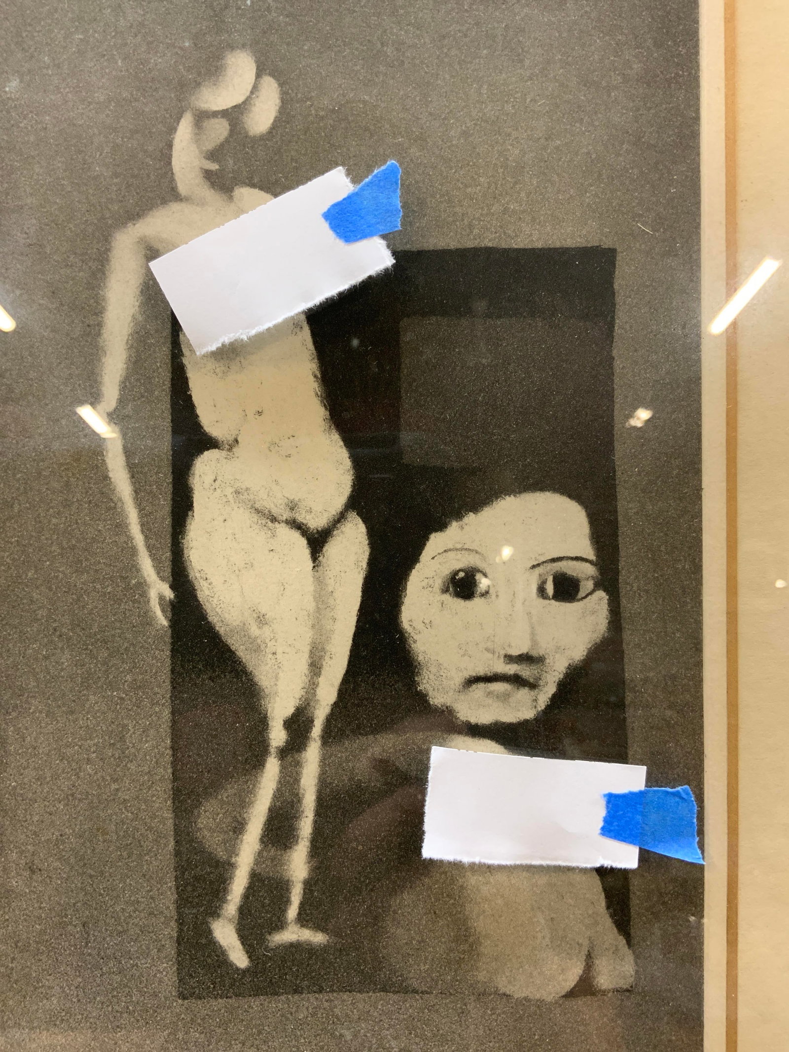 Vtg Sgnd Figurative Etching with Aquatint, Framed: Vintage Signed Surrealist Figurative Etching with Aquatint by Richard Schlosser. Depicts elongated female nude juxtaposed against recessed structural frame containing a disembodied female visage and s