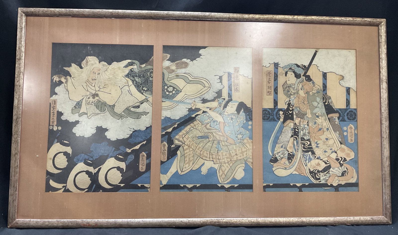 ANTQ Framed Japanese Woodcut with Color: Antique Framed Japanese Woodcut with Color. 3 Panel Print of Takiyasha the Witch and the Skeleton Spectre Created by Utagawa Kuniyoshi Around 1844. Depicts Princess Summoning Giant Skeleton Ghost to F