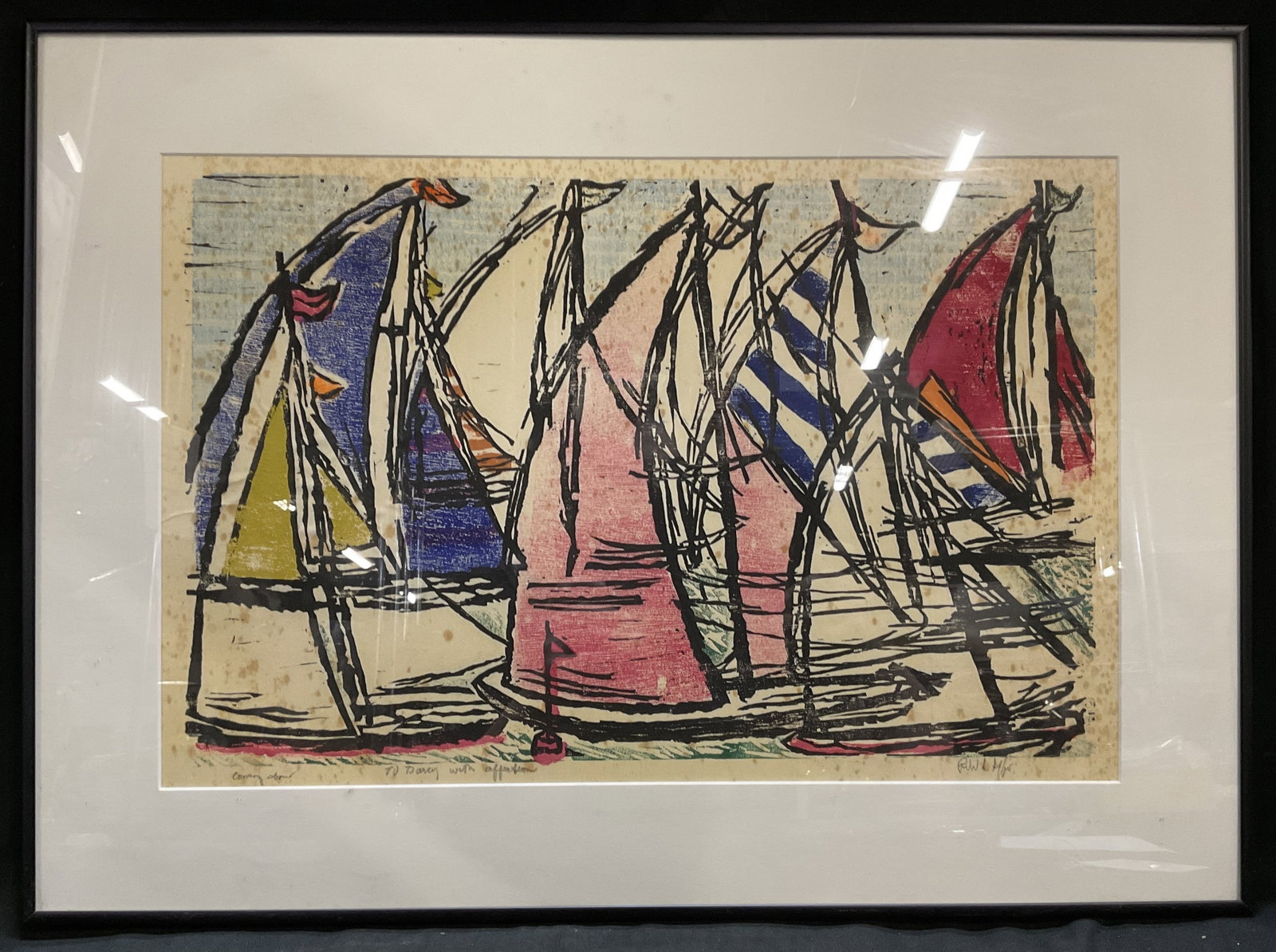 VTG SGND Fmd Coming About Sailboats Woodblock (1 of 7)