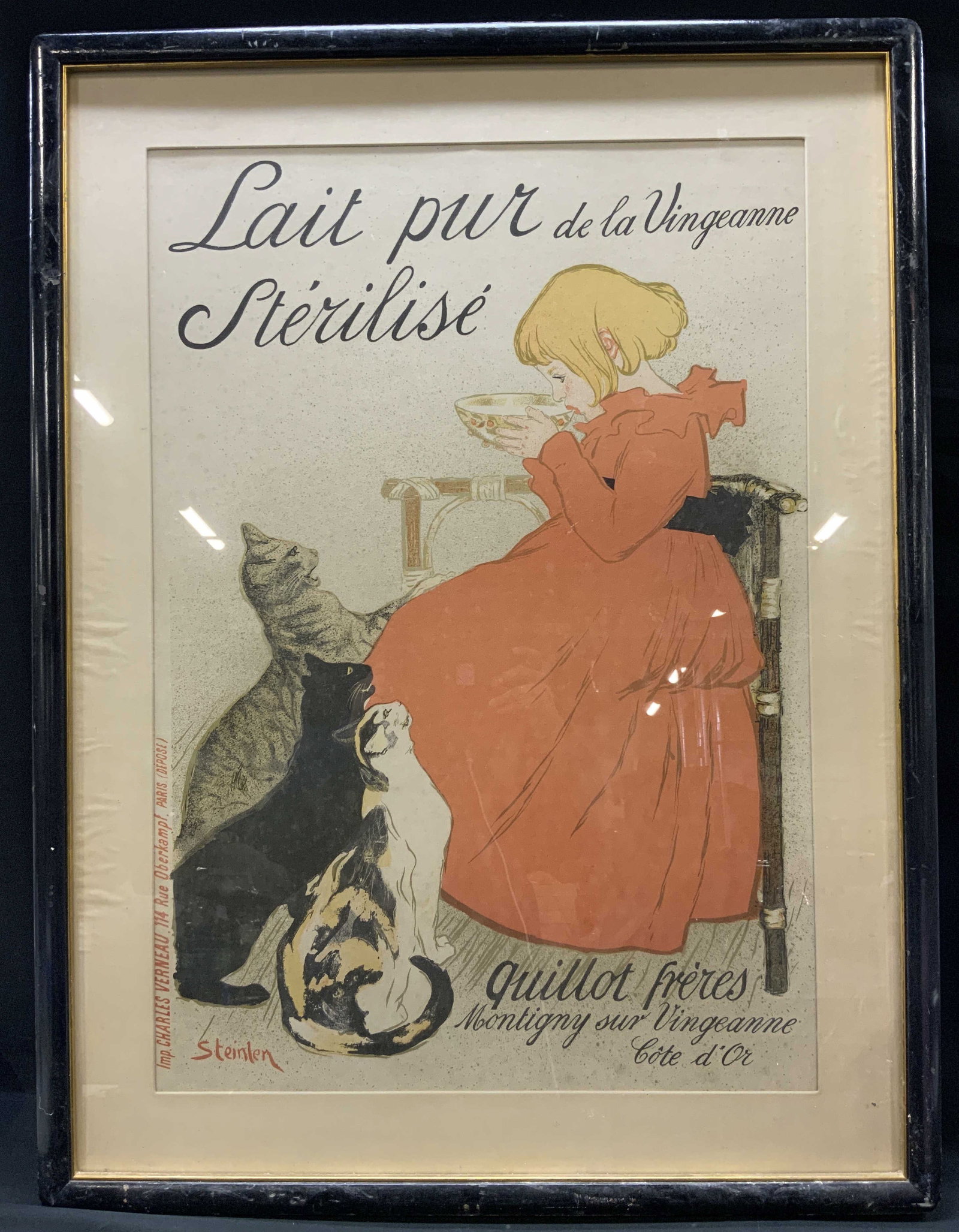 Antq Sgnd T.A. Steinlen Litho, Framed: Antique signed Theophile-Alexandre Steinlen Lait Pur de la Vingeanne Sterilise, 1897 Color Lithograph on paper. Framed antique Art Nouveau advertising poster features lithograph design of a young girl