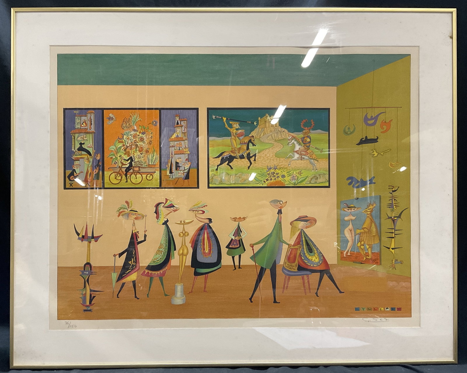 Framed SGND Santamaria Galleria Surrealist Litho: Vintage Signed Guillermo Silva Santamaria Lithograph in Frame. Title Galleria. Originally Created Circa 1965. Depicts Surrealist Interpretation of Patrons in Geometric Attire and Dramatic Hats Browsin