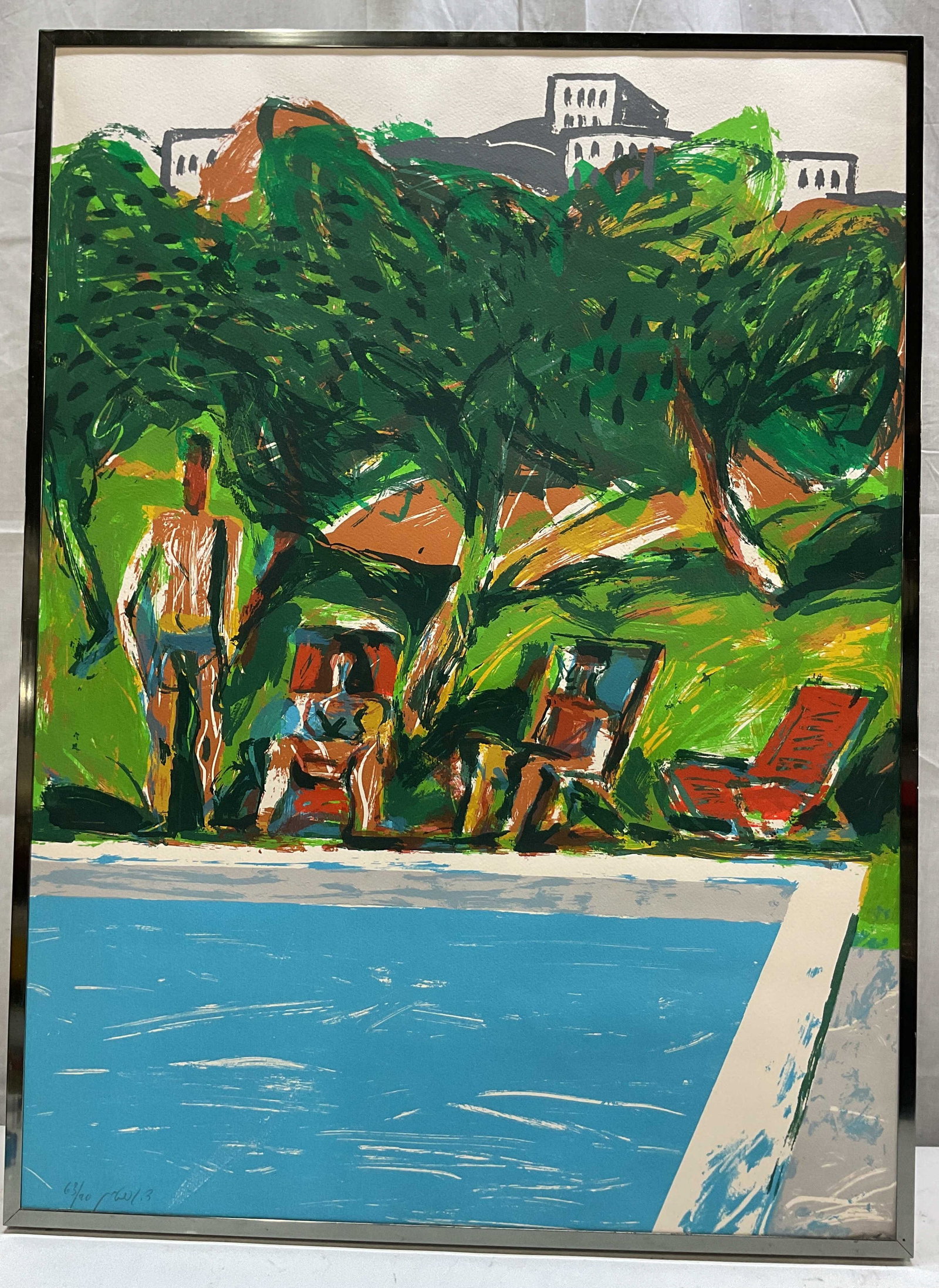 SGND 1984 David Gerstein Pool Framed Screen Print: Near The Swimming Pool by David Gerstein, 1984. Signed in lower left corner. Edition 63/90. Screen print on paper. Framed in black metal frame. Depicts abstract figures lounging by a swimming pool wit