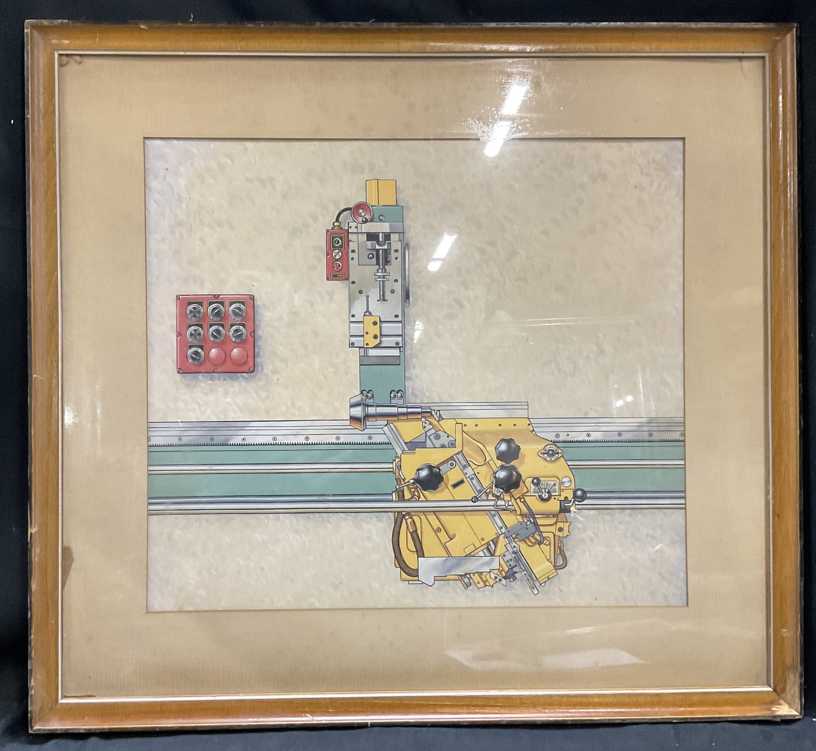 Postmodern Industrial Machinery Drafting Illus: Framed Postmodern Industrial Machinery Drafting Illustration. Colorful Painted Vertical Panel Saw Carriage Mounted on a Guide-Rail Rig. Includes Original Black and White Inspiration Photo. Tear on Mat