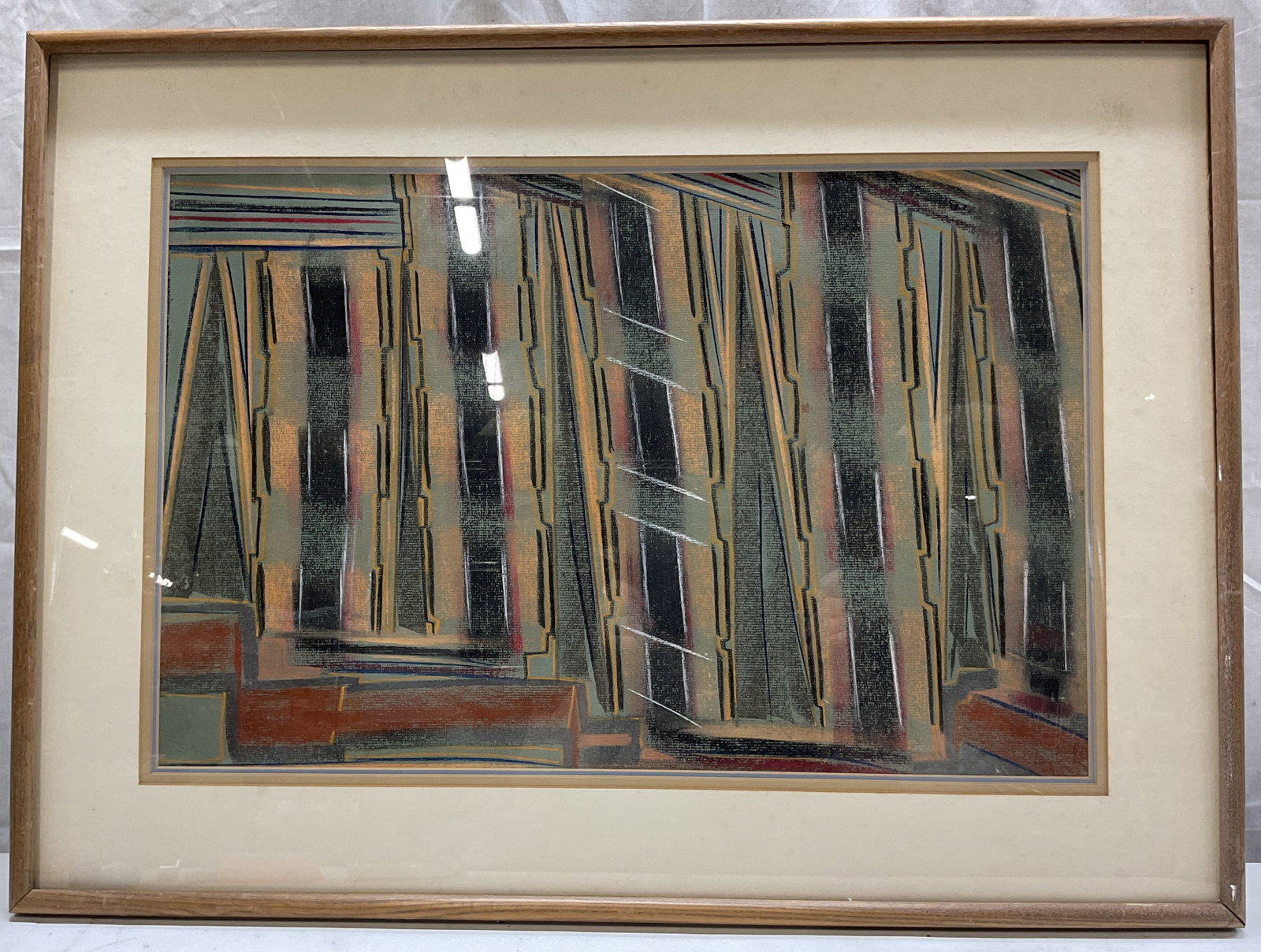 SGND WJC Framed Abstract Mixed Media: Framed abstract mixed media artwork. Signed WJC in lower right corner. Framed in a wooden frame. Abstract geometric shapes and motifs. Utilizes pastel and colored pencils. Layered linear patterns in v