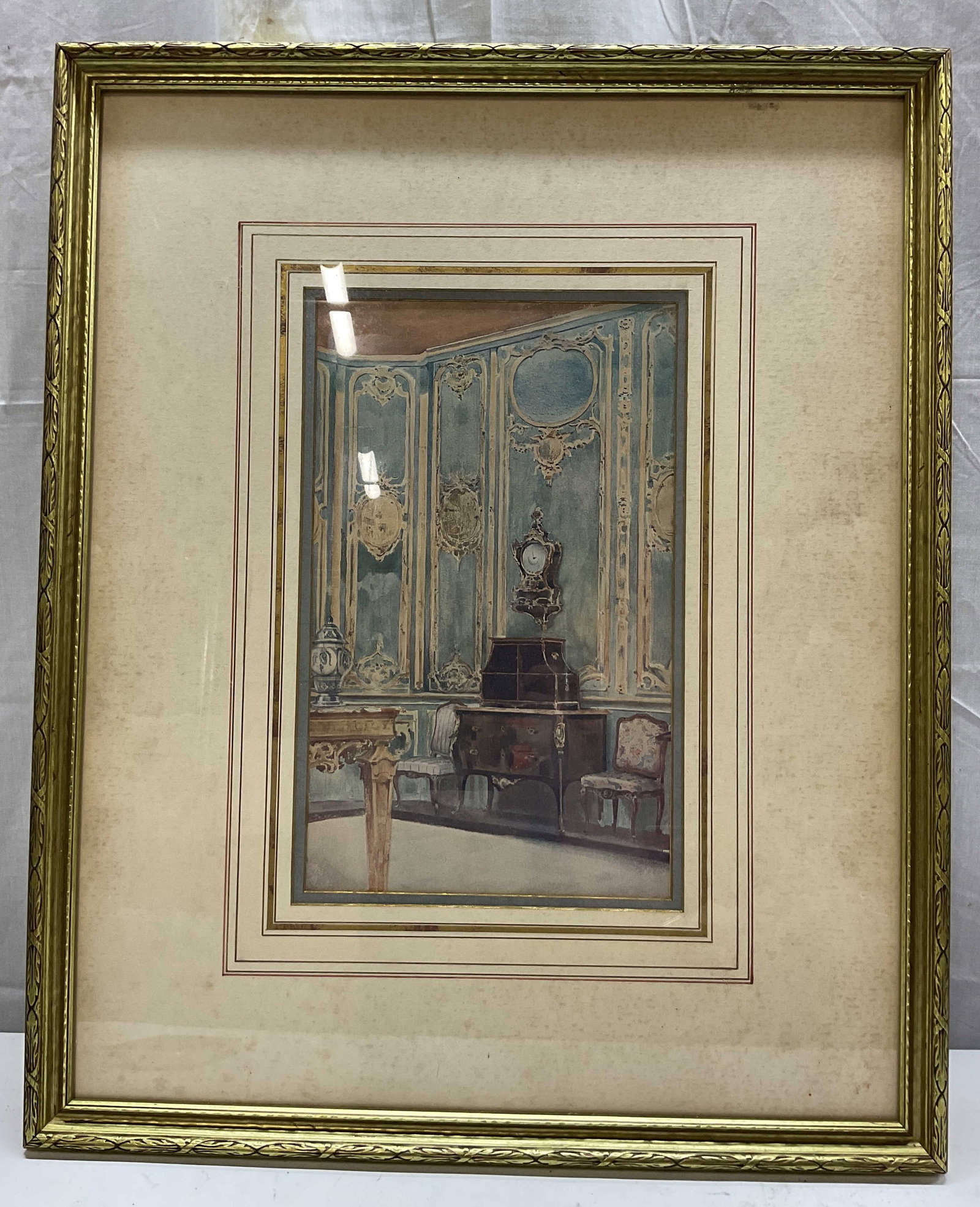 Georges Remon Framed Architecture Watercolor Print: Georges Remon framed architecture watercolor print. Offset lithograph reproduction print attributed to Georges Remon. Presented in a decorative reeded giltwood frame with a wide mat. The works depicts