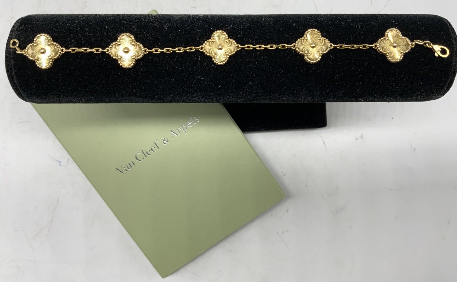 VCA 18K Gold Alhambra 5 Motif Bracelet w Cert.: Van Cleef & Arpels Vintage Alhambra 5 Motif Bracelet. Includes: 1x Van Cleef & Arpels Vintage Alhambra 5 Motif Bracelet, 1x Certificate, 1x Care Advice Services Trifold Care Guide. Features five lucky