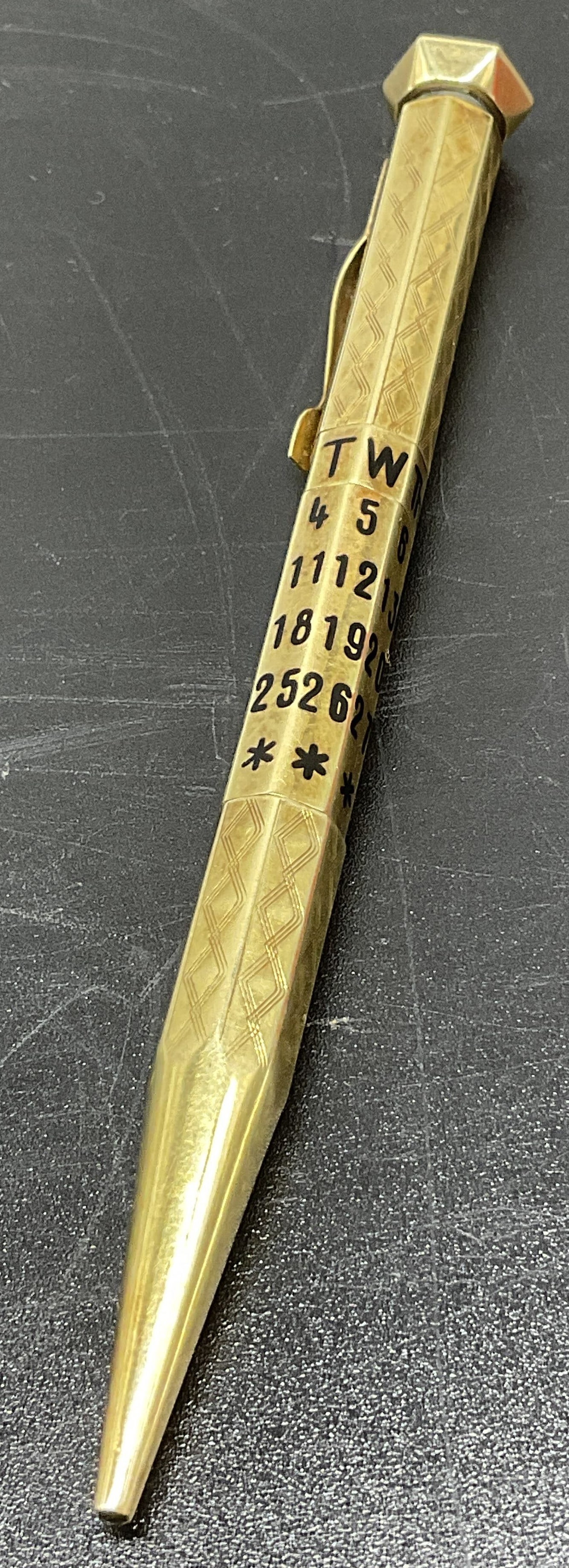 ANTQ 14K Gold Perp Calendar Mechanical Pencil GERM: Antique, Possibly Vintage Art Deco Circa 1920s-1940s 14K Gold Perpetual Calendar Mechanical Pencil. Marked 14Ct Germany. Initials DJ on Side. Tested With XRF Analyzer. Internal Mechanics Not Gold. Con