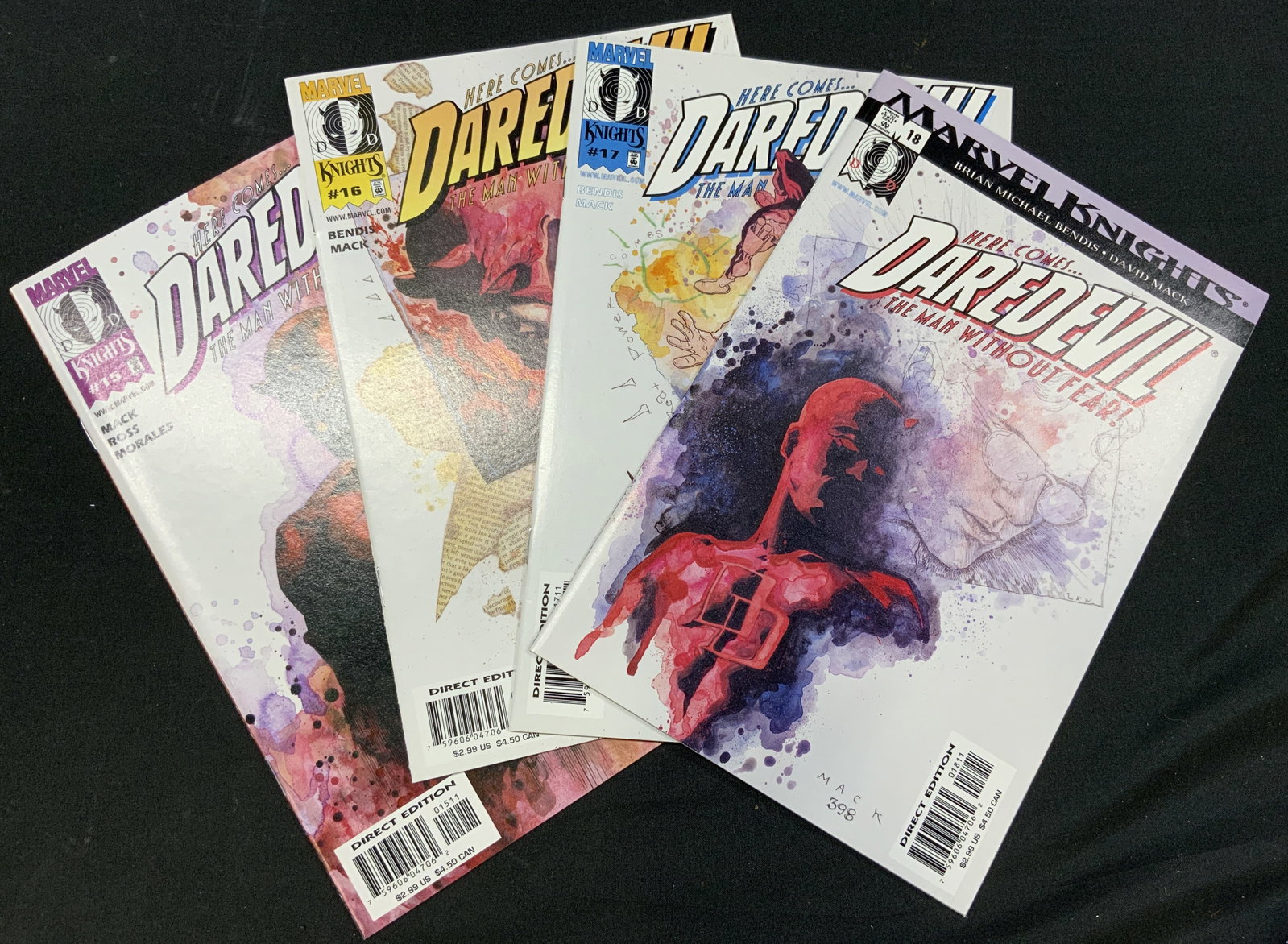 Vtg Lt4 Dardevil Comic Bks Vol. 2 #15-18: Vintage 2001 Lot of 4 Daredevil Volume 2 issues #15,16,17,18 comic books. Published 2001 by Marvel Comics. Complete Wake Up storyline written by Brian Michael Bendis. Artwork by David Mack. Approx. 14