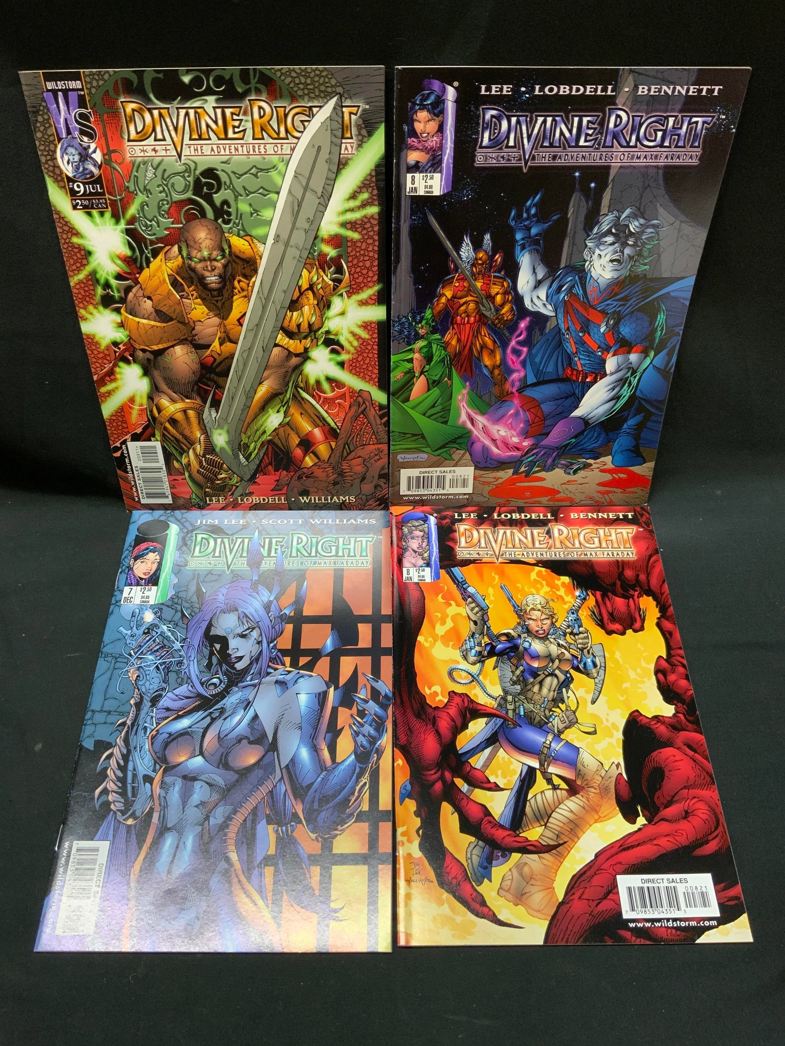 Vtg 90s Lt4 Divine Right Comic Books: Vintage 90s lot of 4 Divine Right: The Adventures of Max Faraday. Includes #6-9. Created, plotted, illustrated by Jim Lee. Published by Wildstorj Productions/ Image Comics Measures approx. 6.5x10inche