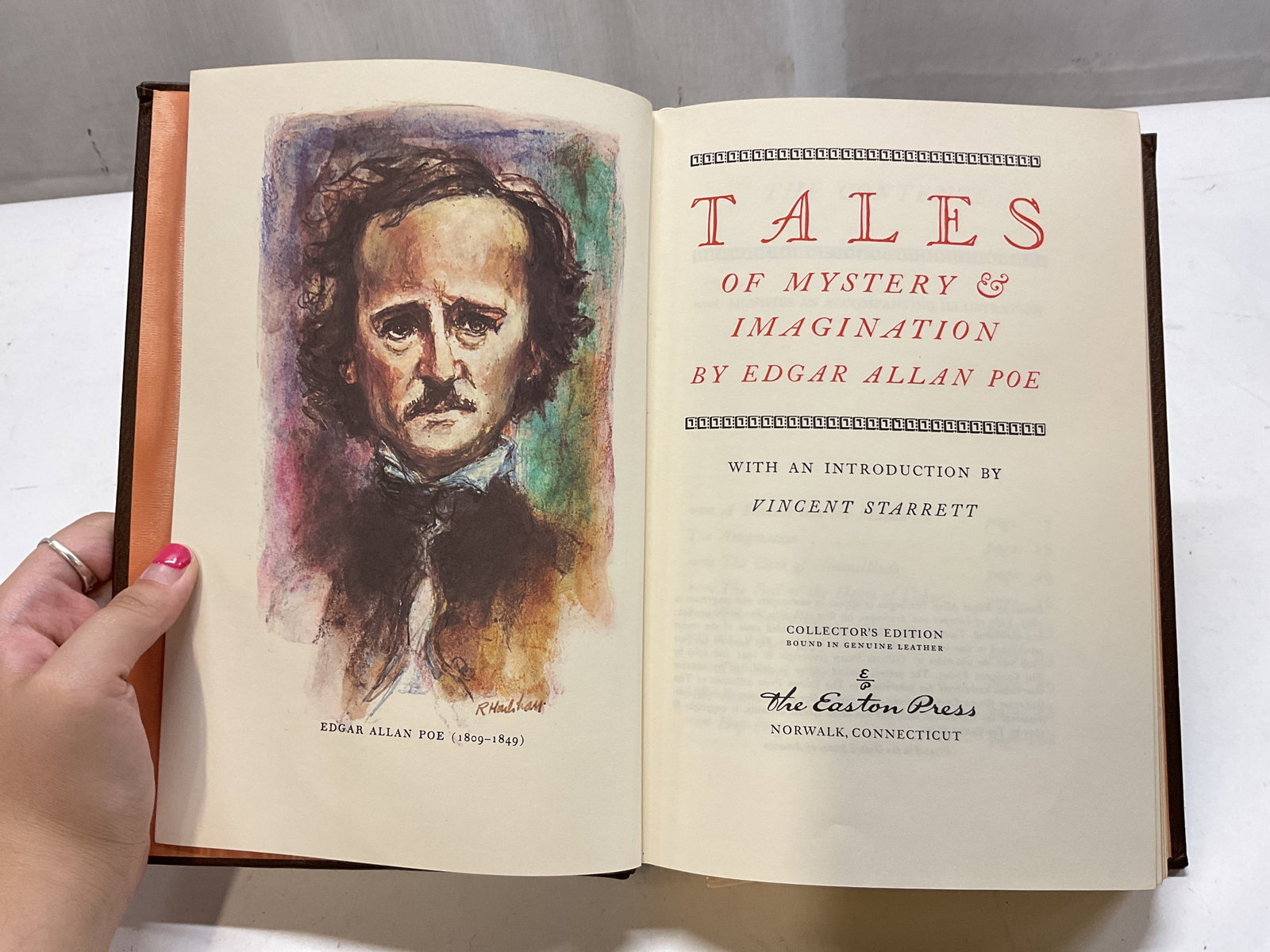 1975 Tales Mystery Imag Edgar Allan Poe Illus Bk+: Tales Of Mystery and Imagination by Edgar Allan Poe. Introduction by Vincent Starrett. Collectors edition. Published by The Easton Press, 1975. Bound in genuine leather with gilt embossed trim. Contai