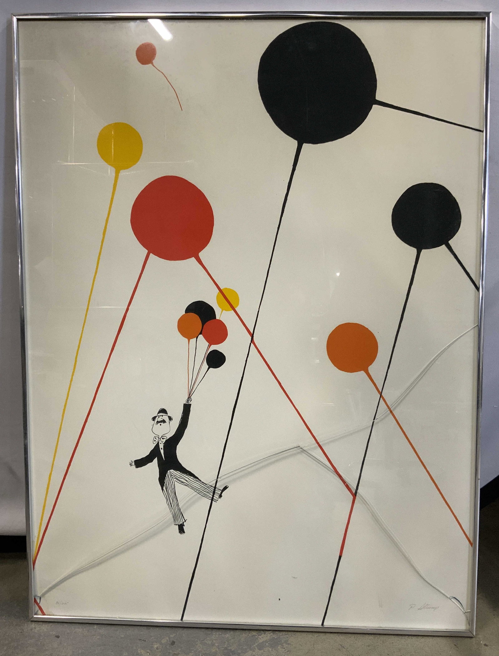 Vtg Sgnd P. Strump Balloon Screen Print, Framed: Vintage signed P. Strump Balloon Screen print. Minimalist composition featuring figure dressed in tuxedo and top hat holding black red and orange balloons. Hand signed bottom right corner P. Strump in