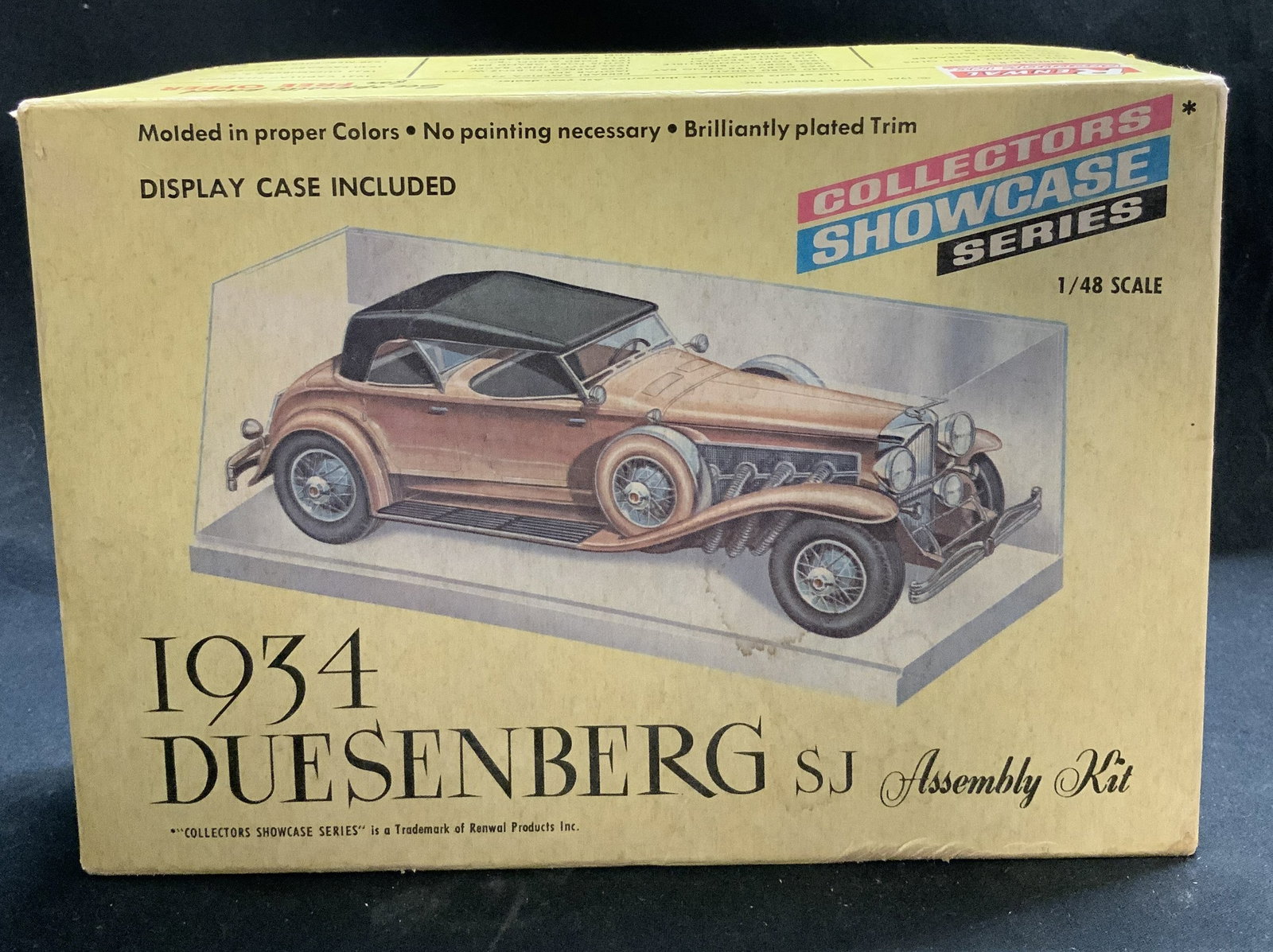 1966 Renewal 1934 Duesenberg SJ Model Car Kit: 1966 Renewal Collectors Showcase Series 1934 Duesenberg SJ plastic model car kit. 1/48 scale. Comes with original box. Sold as is. Property of Upper East Side French stage and screen actors estate, Ma