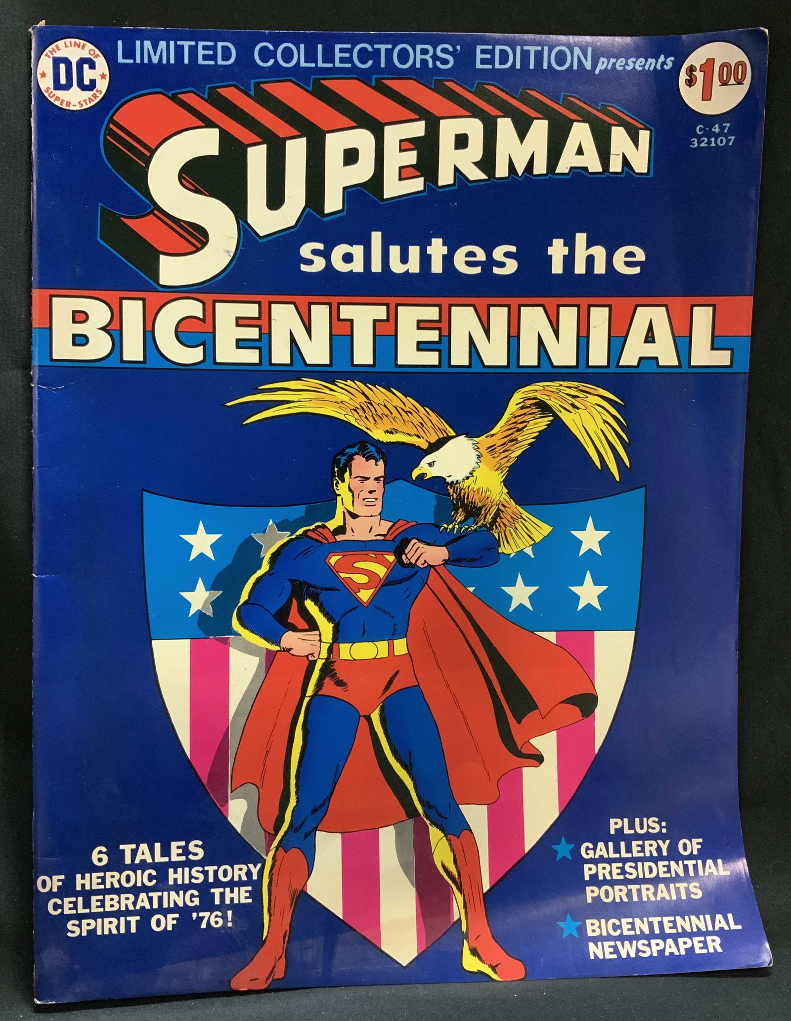 1976 Limited Ed. Superman Bicentennial Comic Bk: Limited Collectors Edition #C-47. Superman Salutes the Bicentennial. Front cover features Superman & eagle. Vol. 5 No. C-47. Aug-Sept 1976. Published by National Periodical Publications. The Line of