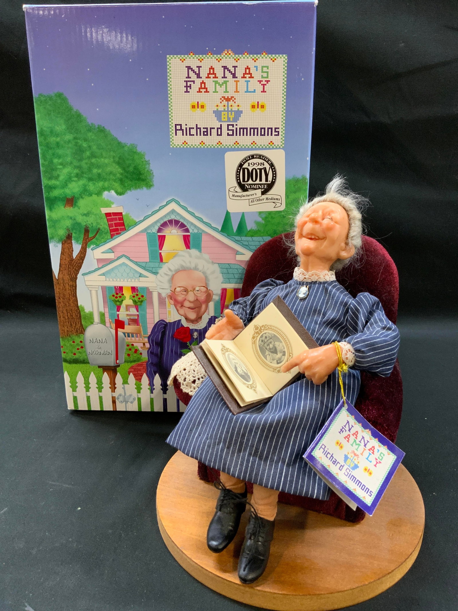 Vtg 1998 Nana w/ Chair doll Nanas Family IOB: Vintage 1998 Nana doll from the Nanas Family collection. Presented by Richard Simmons, designed by Annie Wahl for The L.L. Knickerbocker Co. with velvet chair, arm rest doily, photo album. Nana seated
