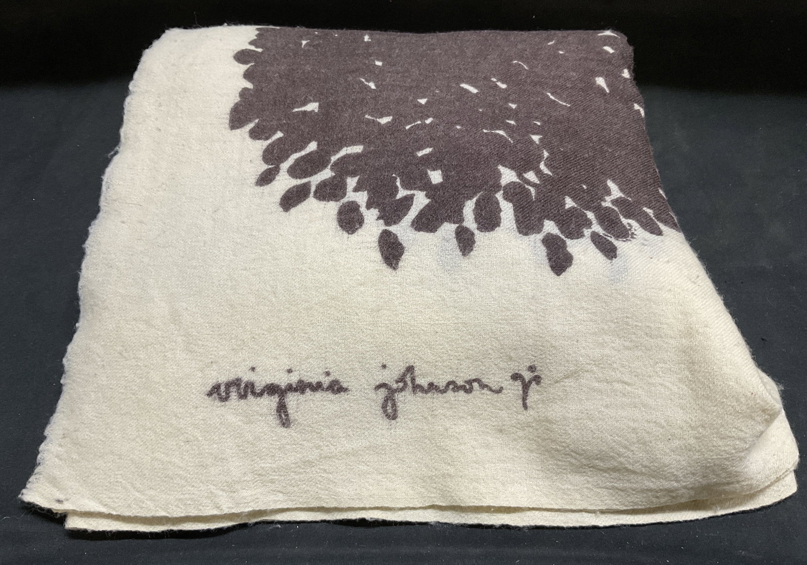 VINTAGE Virginia Johnson Botanical Scarf: Vintage Virginia Johnson Scarf/Shawl. Wool Material. Brown Botanical Pattern on Cream Background. Some Holes. Staining and Fraying Present. Measures app 76in L x 40in W. Vintage Scarves, Virginia John