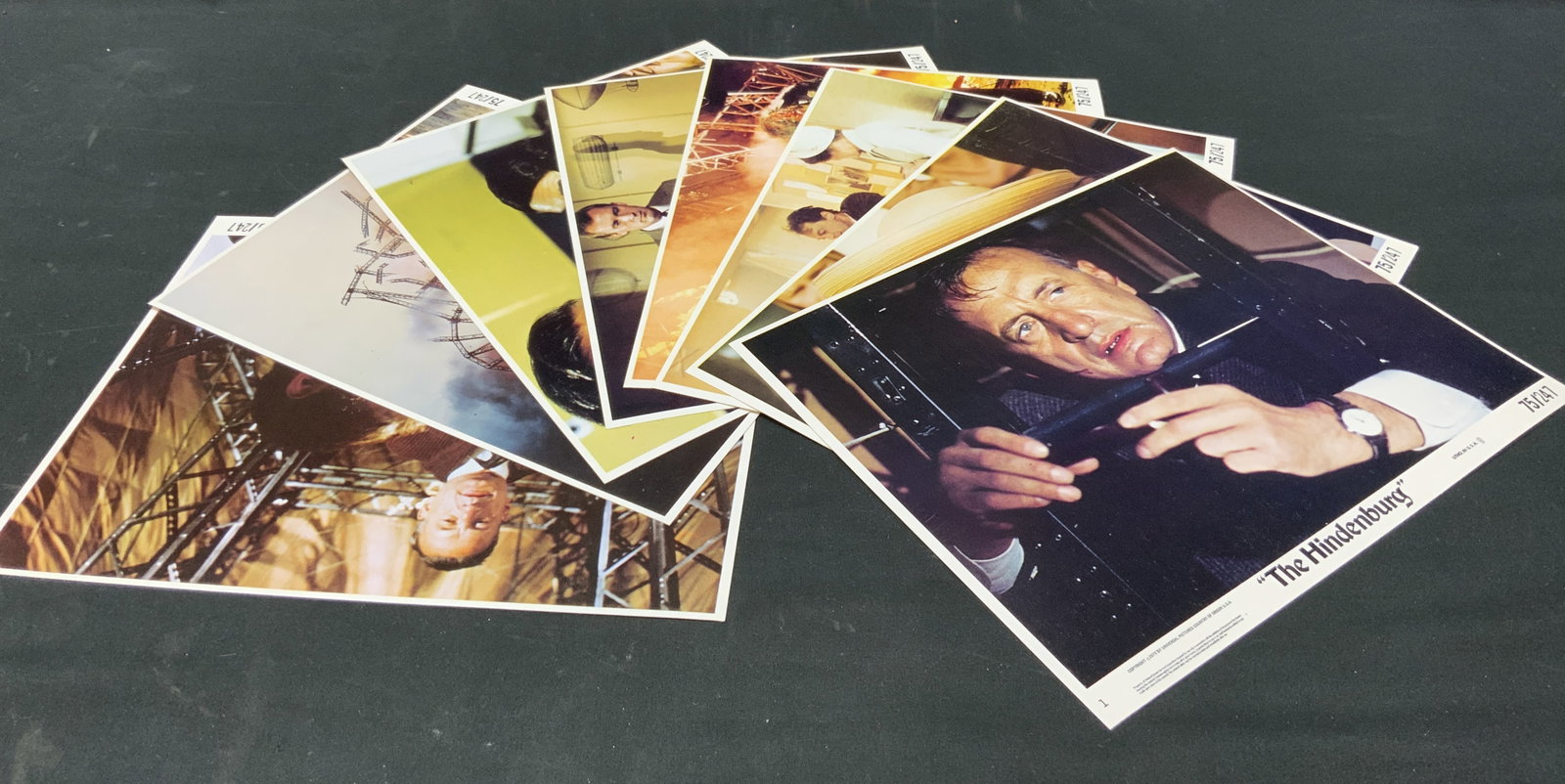 Lt8 Vtg 1975 The Hindenburg Original Lobby Cards: Lot of 8 vintage 1975 The Hindenburg original lobby cards. Complete set, studio issued promotional lobby cards from historical disaster thriller film directed by Robert Wise. Actors George C. Scott an