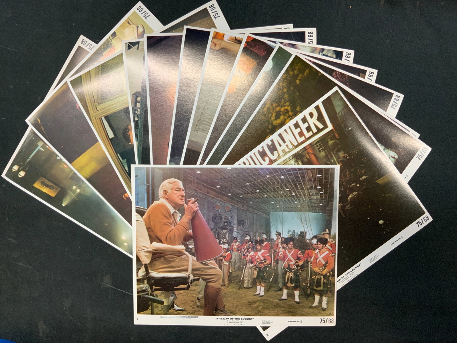 Lt12 Vtg 1974 Day of The Locust Lobby Cards: Lot of 12 vintage 1974 The Day of The Locust original lobby cards. Complete set, studio issued promotional lobby cards from film directed by John Schlesinger. Actors Donald Sutherland, Karen Black,