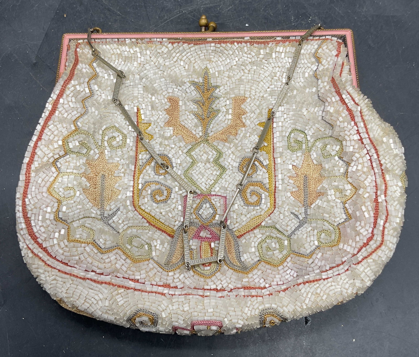 Vintage Beaded Embroidered Scroll Handbag: Vintage beaded and embroidered ornate scroll motif handbag. Gold tone frame. Measures approx. 5.5 x 6.5 inches. Some blemishes and loss to beading. Beaded handbag, embroidered handbag, vintage