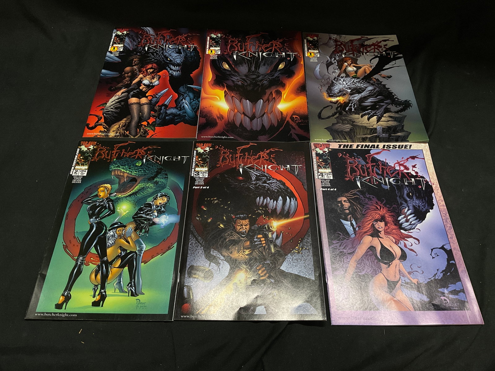 Lt6 2000s Top Cow Butchers Knight Comics CA: 6 Top Cow 2000-2001 Butchers Knight Comic Books. Canada. Includes 3 Variant Covers of Volume 1 Issue 1, Volume 1 Issue 2, Volume 1 Issue 3, and Volume 1 Issue 4. Writer Charles Holland. Illustrators