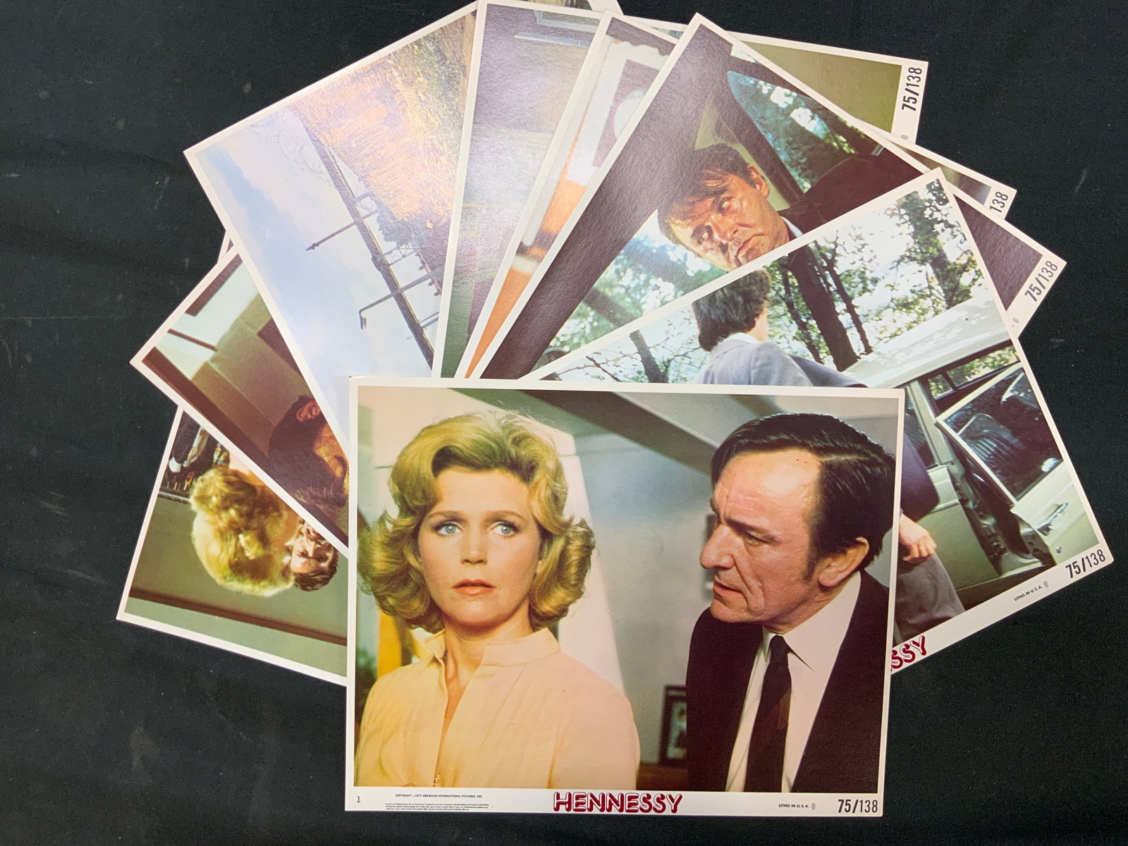 Lt8 Vtg 1975 Hennessy Original Lobby Cards: Lot of 8 vintage 1973 Hennessy original lobby cards. Complete set, studio issued promotional lobby cards from film directed by Don Sharp. Actors Rod Steiger, Lee Remick, Patrick Stewart. Distributed