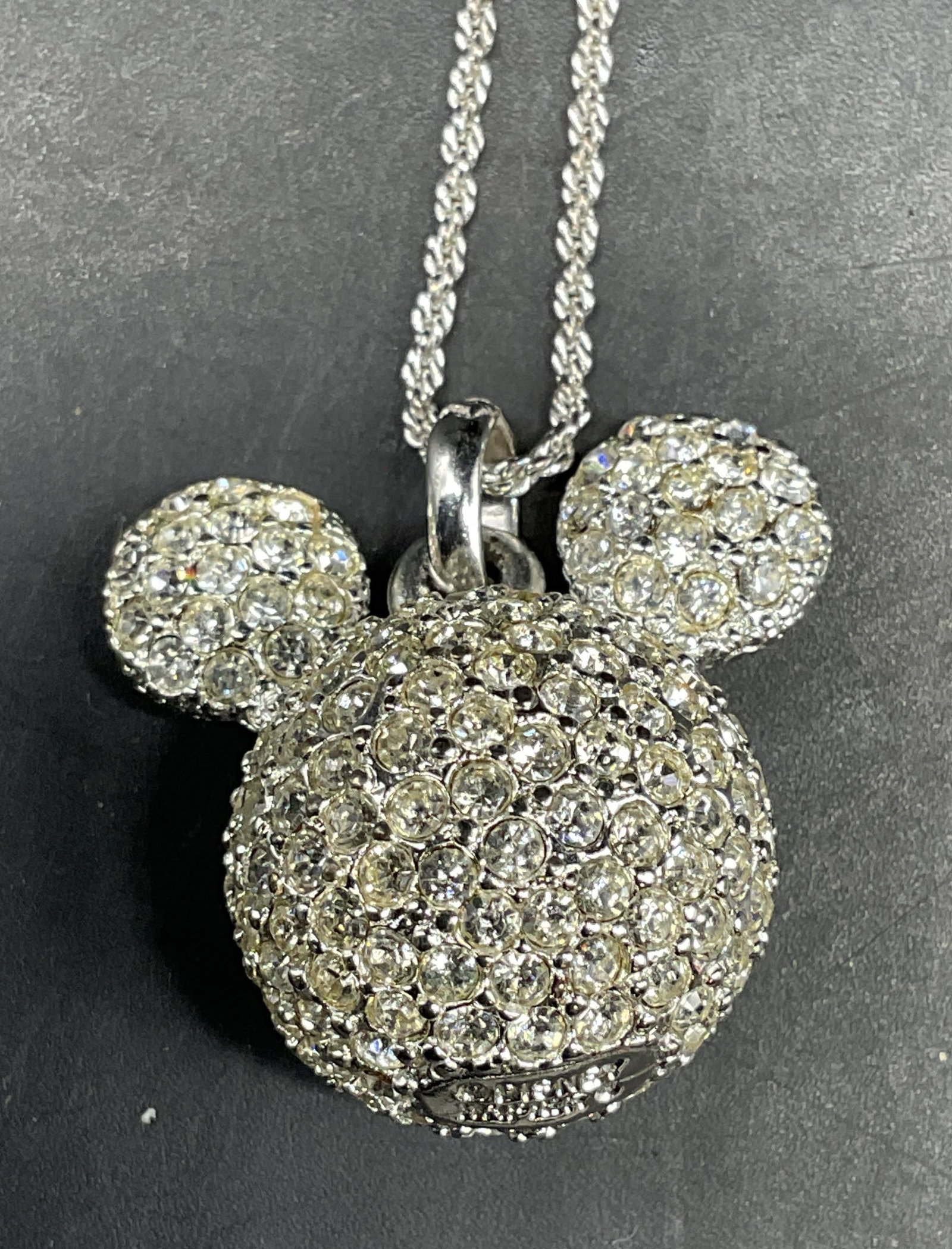 Napier Disney Mickey Crystal Pendant Necklace: Vintage Napier Disney Mickey Mouse silver tone crystal pendant necklace. Drop length 15.5 inches. Pendant measures approx. 1 x 1 inches. Some scratching. Jewelry, estate jewelry, costume jewelry, cock