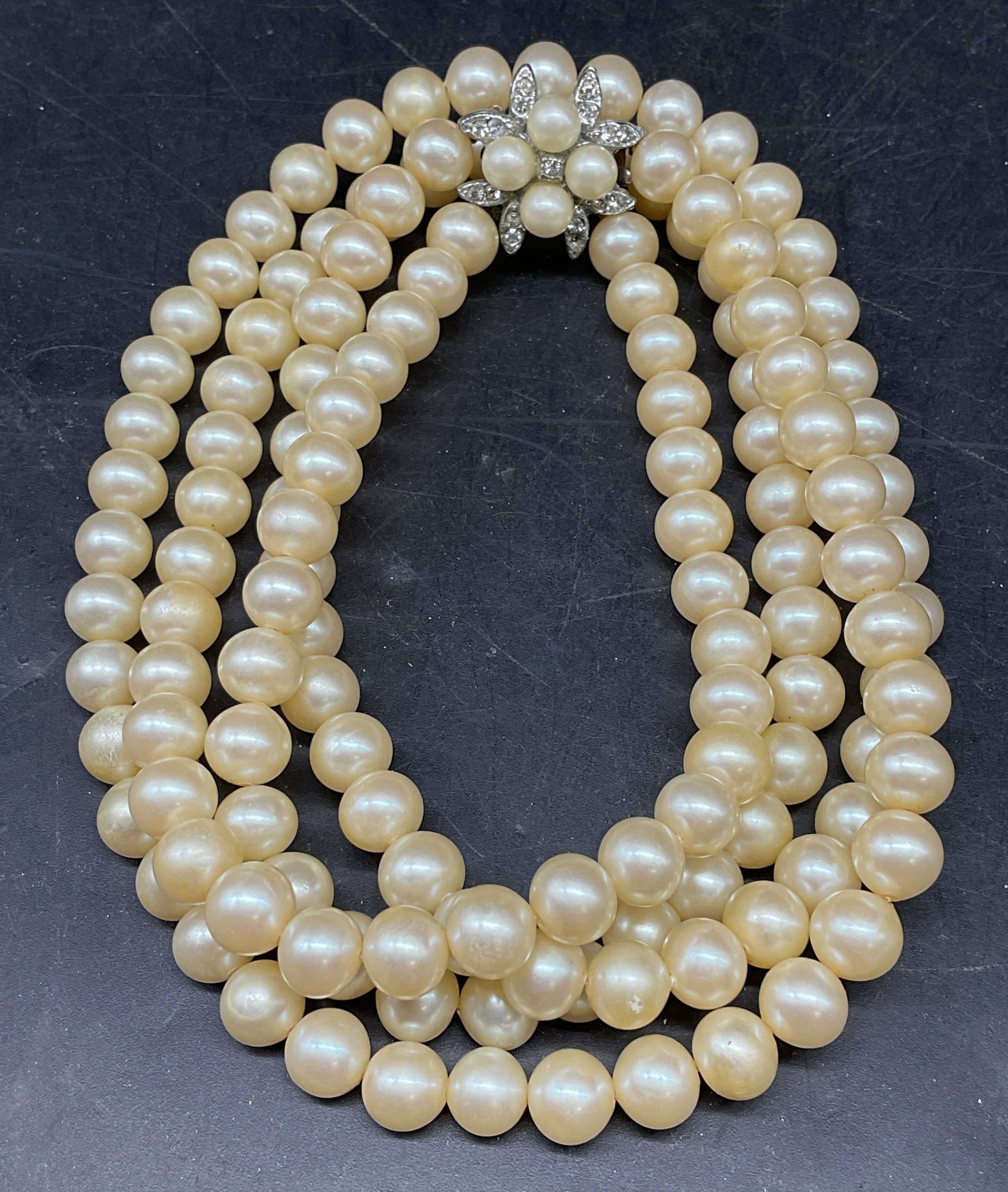 Vintage Faux Pearl Double Strand Necklace: Vintage faux pearl double strand necklace with crystal clasp. Drop length 8.75 inches. Some scratching. Jewelry, estate jewelry, costume jewelry, cocktail jewelry, fashion jewelry, accessories,