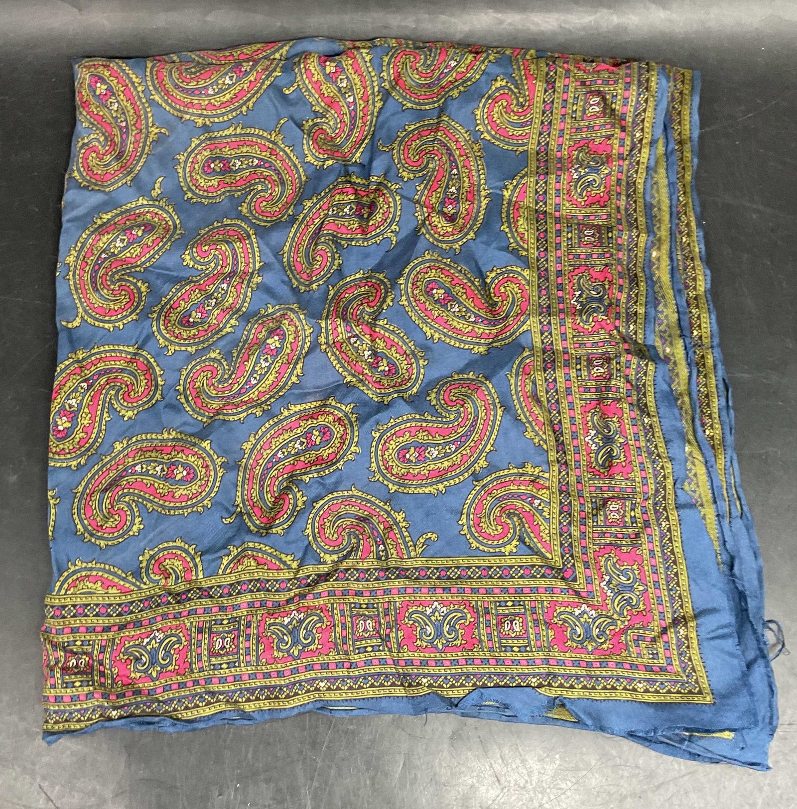 Vintage Blue Paisley Print Silk Scarf: Vintage blue and red paisley print silk scarf. Measures approx. 23.5 x 24 inches. Wear including blemishes, tearing, holes. Silk scarf, vintage scarf, paisley scarf, blue scarf, accessories, fashion