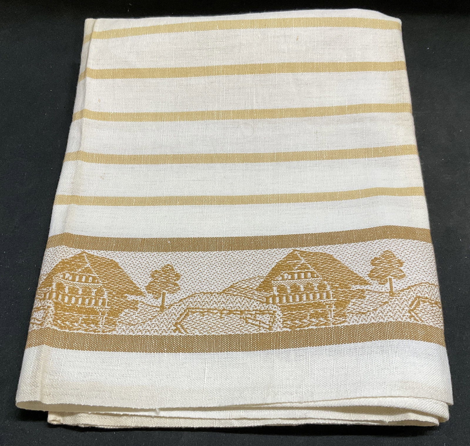 VTG Tabella Linen Blend Tea Towel SWITZ: Vintage Tabella Linen Blend Tea Towel. Damask Weave. Yellow Stripes with Yellow Landscape Scene Border. Switzerland. Some Staining. Measures app 32in L x 19in W. Vintage Tea Towel, Tabella, Linen, Lan