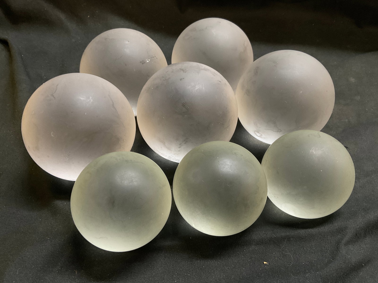 Lt8 Frosted Glass Spheres: 8 Translucent Frosted Glass Spheres. Smooth Finish. 5 Larger and 3 Smaller. Some Scratching. Largest Measures app 3in Diam. Frosted Glass, Spheres, Glass Balls, Display, Centerpiece, Crafts, Home