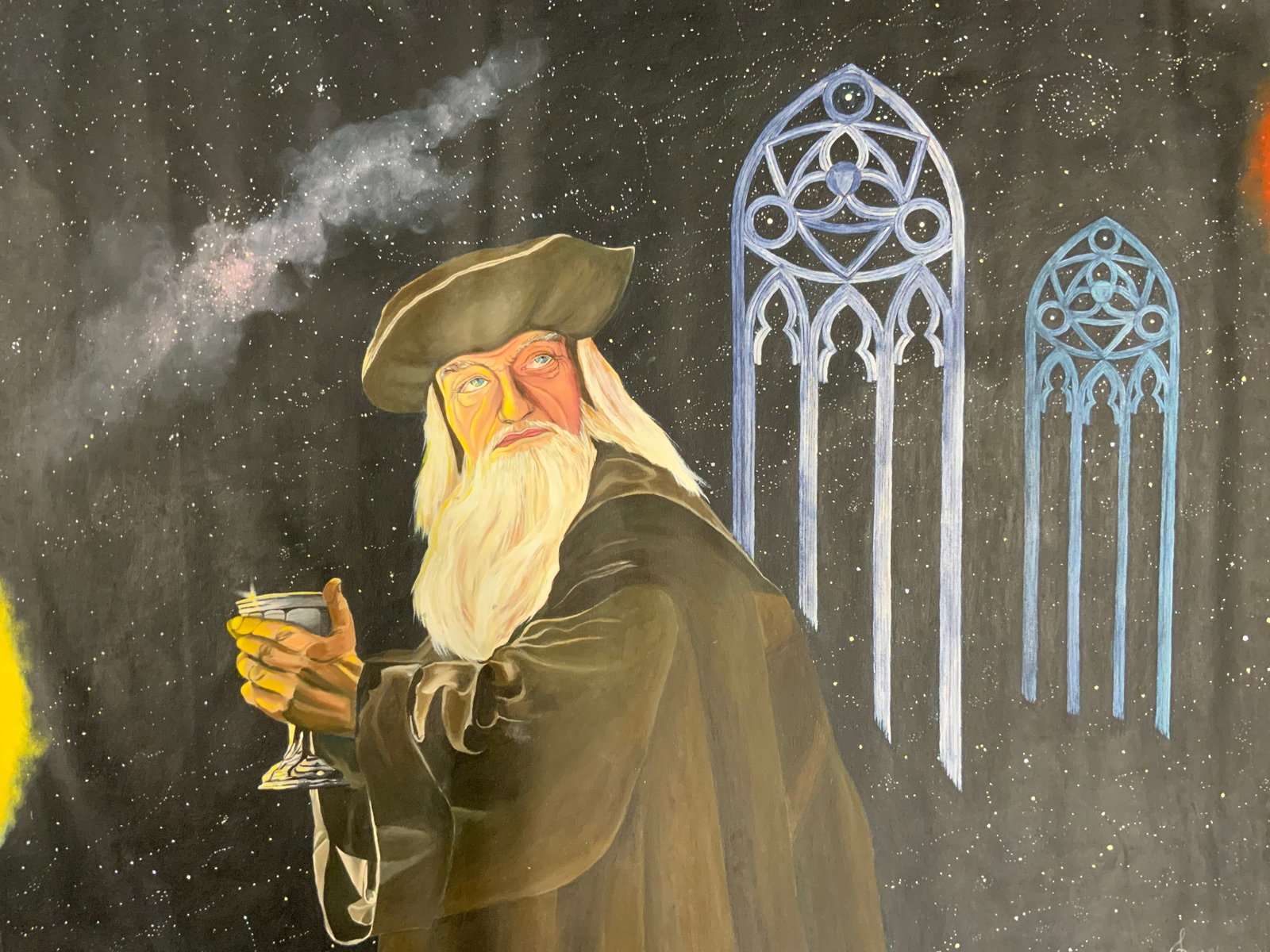 Vtg 1994 Sgnd Judith Lynn Painting on Canvas: Vintage 1994 Signed Judith Lynn DeStefano painting on canvas-unstretched. Signed lower right and dated J Lynn 94. Male figure with constellations background and two gates. Measures approx. 37x48inches