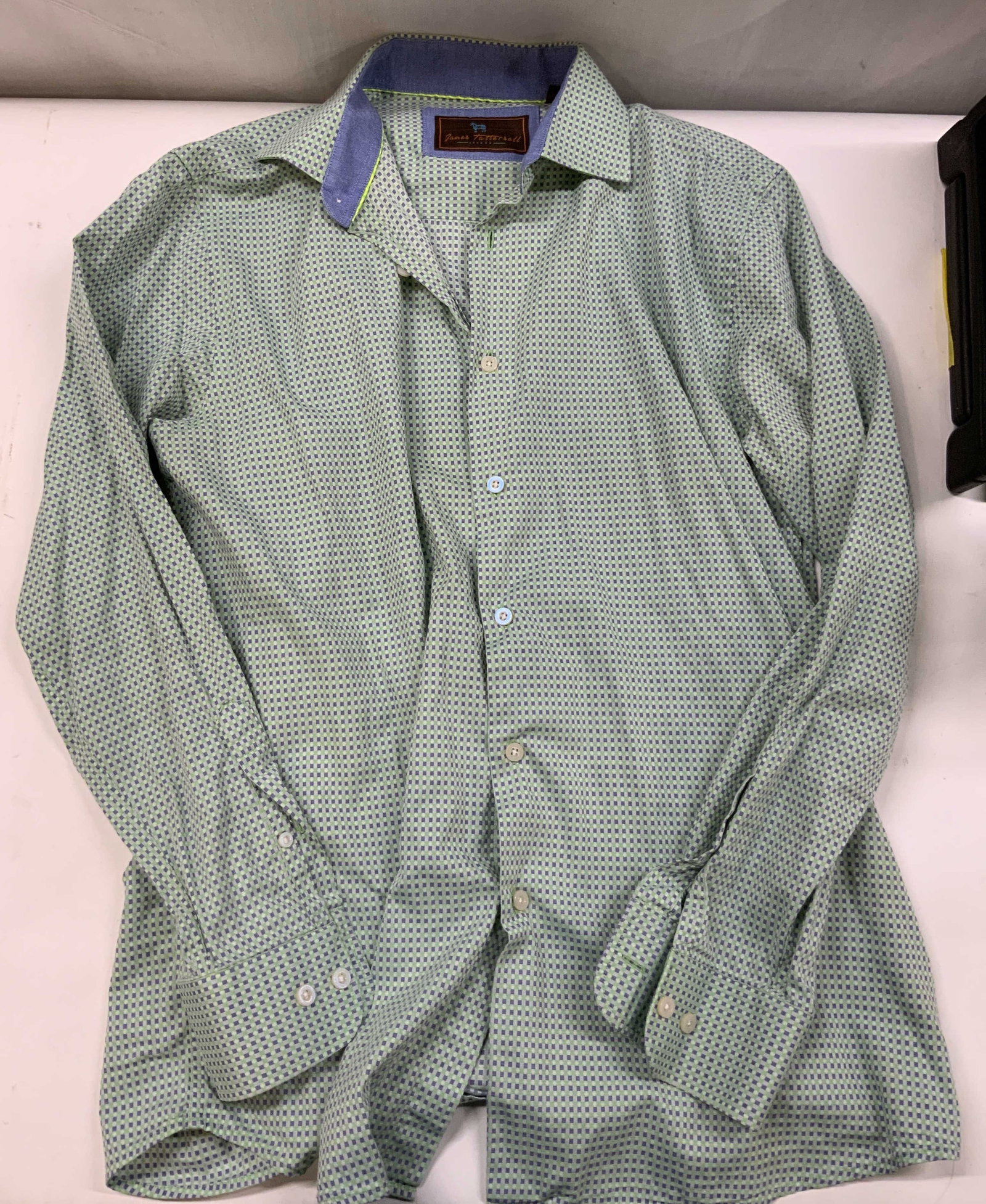Vntg James Tattershall London button up shirt: Vintage James Tattershall London button up shirt. Made of 100% cotton in size large ,16 1/2. The main fabric features a dense Realtek grid pattern made of alternating green and blue squares. The