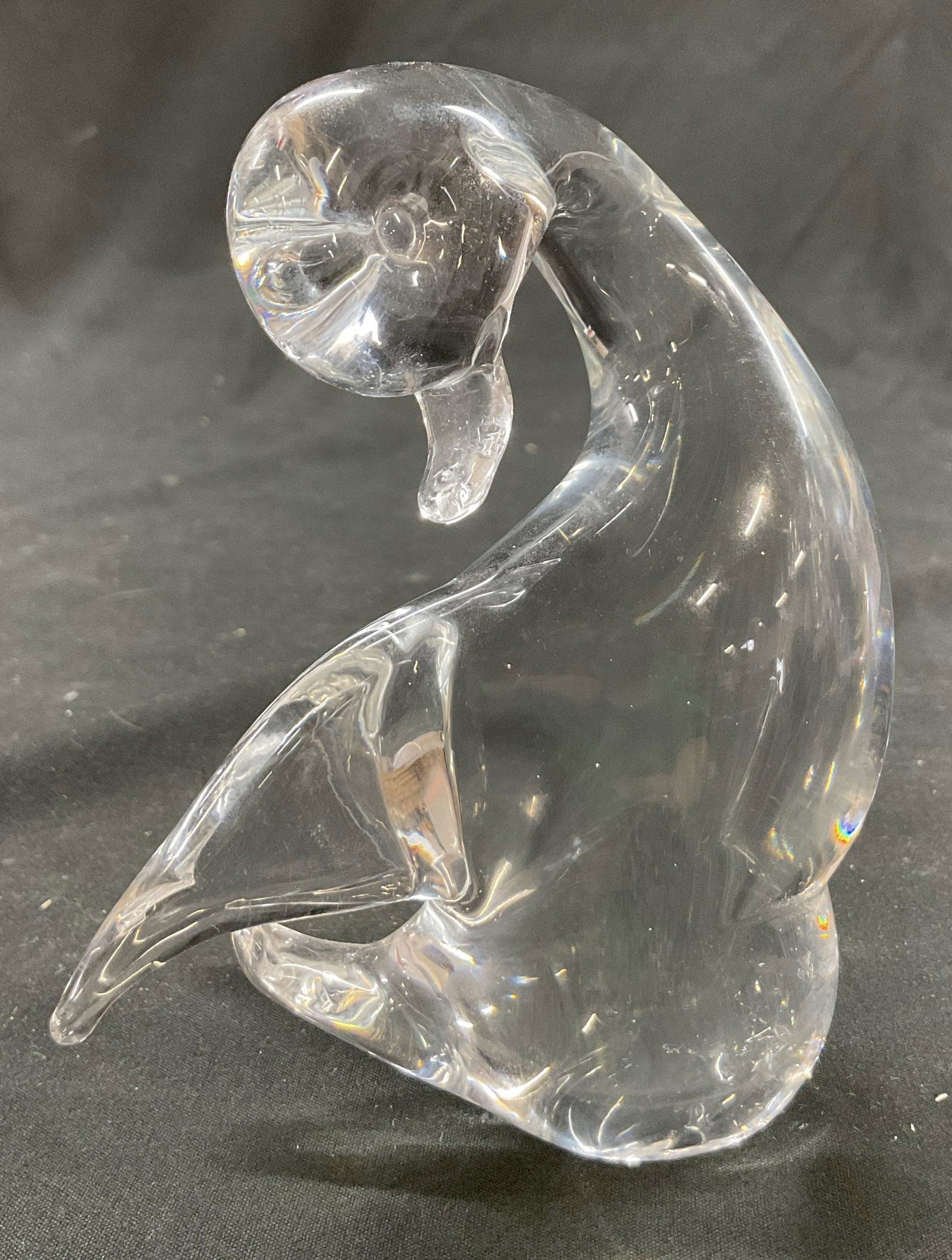Vintage Art Glass Duck Paperweight: Vintage art glass duck paperweight. Duck figure in a seated pose with its head turned down. Detailed features and textures. Measures approx 3 x 3 x 5 inches. Surface wear consistent with exposure.