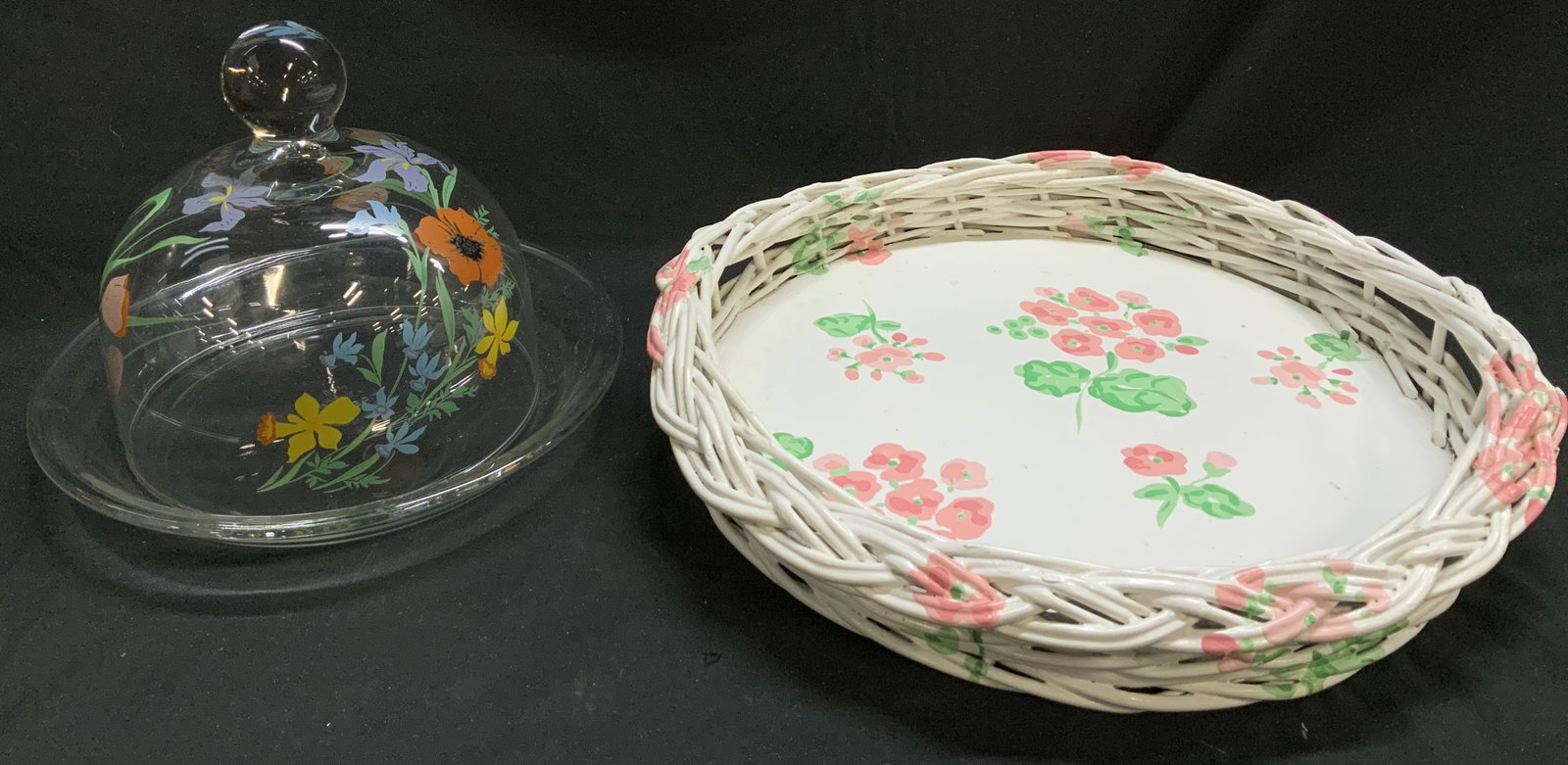 Lot 2 Floral Glass Cake Dome & Wicker Round Tray (1 of 7)