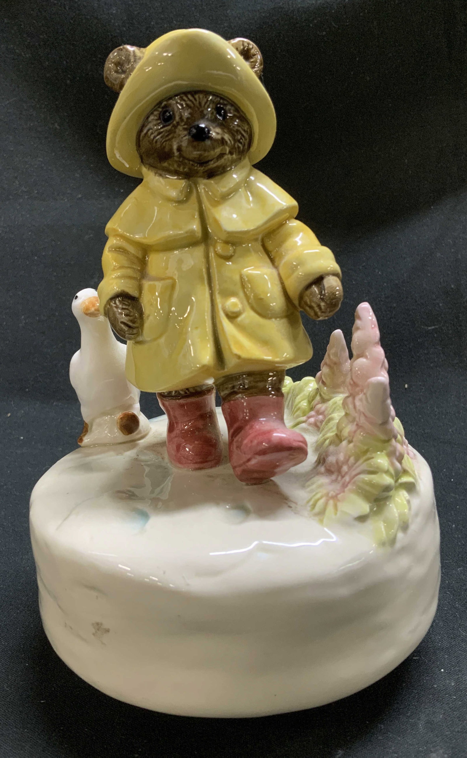 Vtg Otagiri Singing in the Rain Music Box JAPAN: Vintage Otagiri ceramic music box, depicting a bear in a yellow coat. Duck & floral motifs on base. Hand painted. Signed & marked on underside. Reads, SINGING IN THE RAIN OTAGIRI JAPAN. Surface wear c