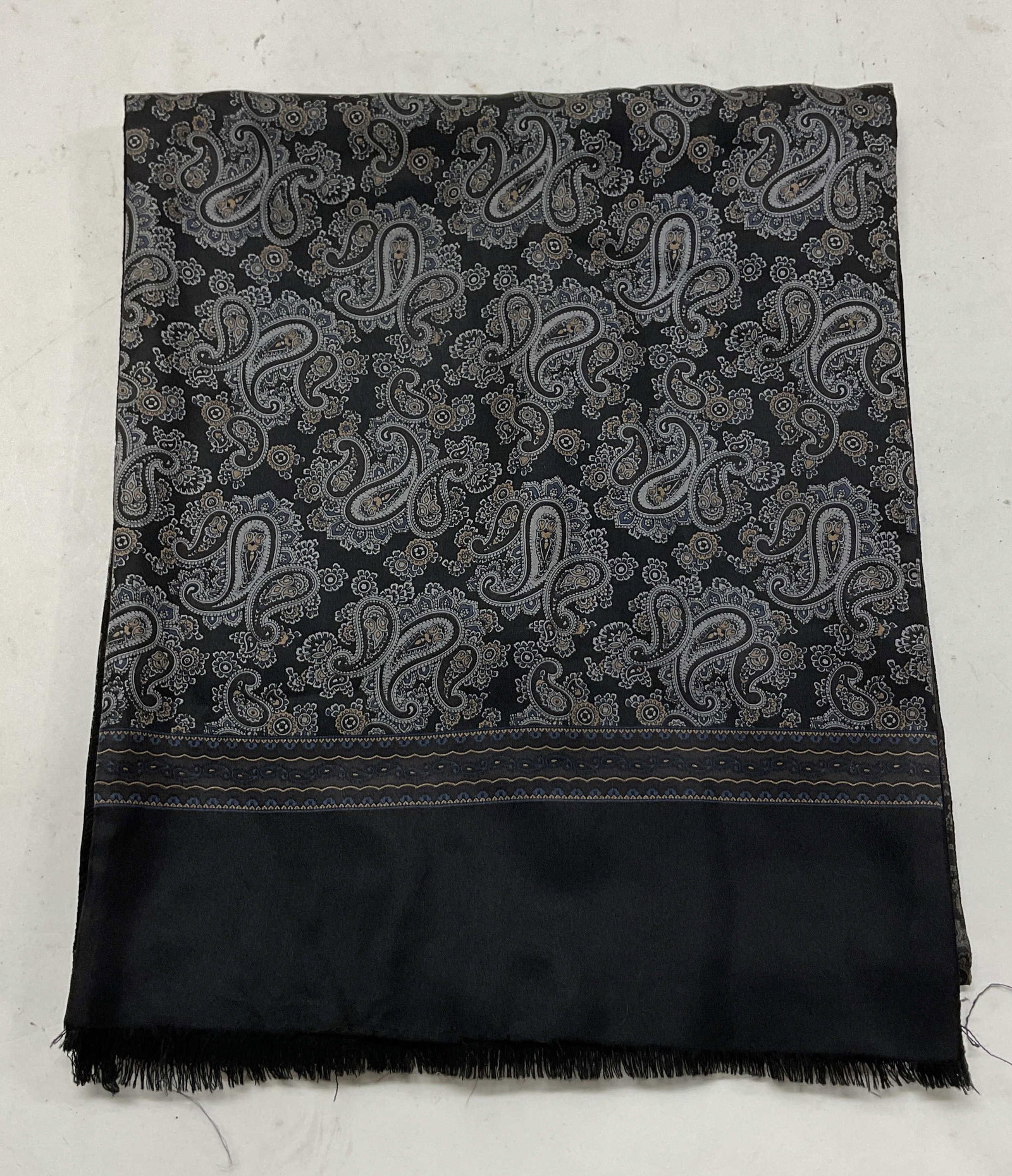 Vintage Black Paisley Fringed Pillow Case: Vintage black paisley fringed pillow case. 100% silk 100% wool. Black fringed trim. Paisley pattern in black, blue, and red. Measures approx 11.5 x 52 inches. Wear consistent with exposure. Pillow