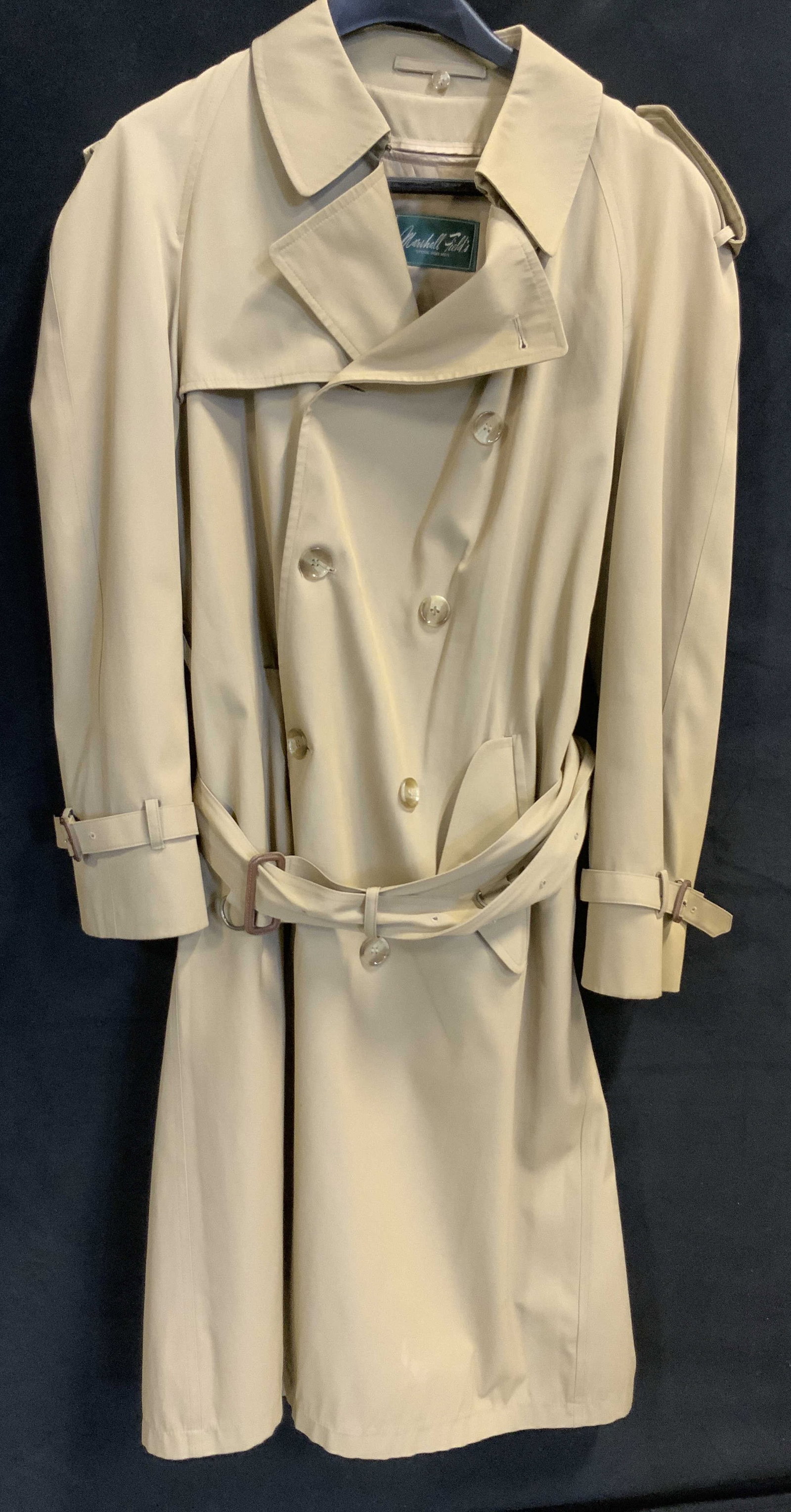Vntg Burberrys trench coat, Marshall Fields label: Vintage Burberrys trench coat. Coat specifically co branded for Marshall Fields. Burberry partnered with high end department stores to Crete custom retail tags sewn instead of their iconic navy check