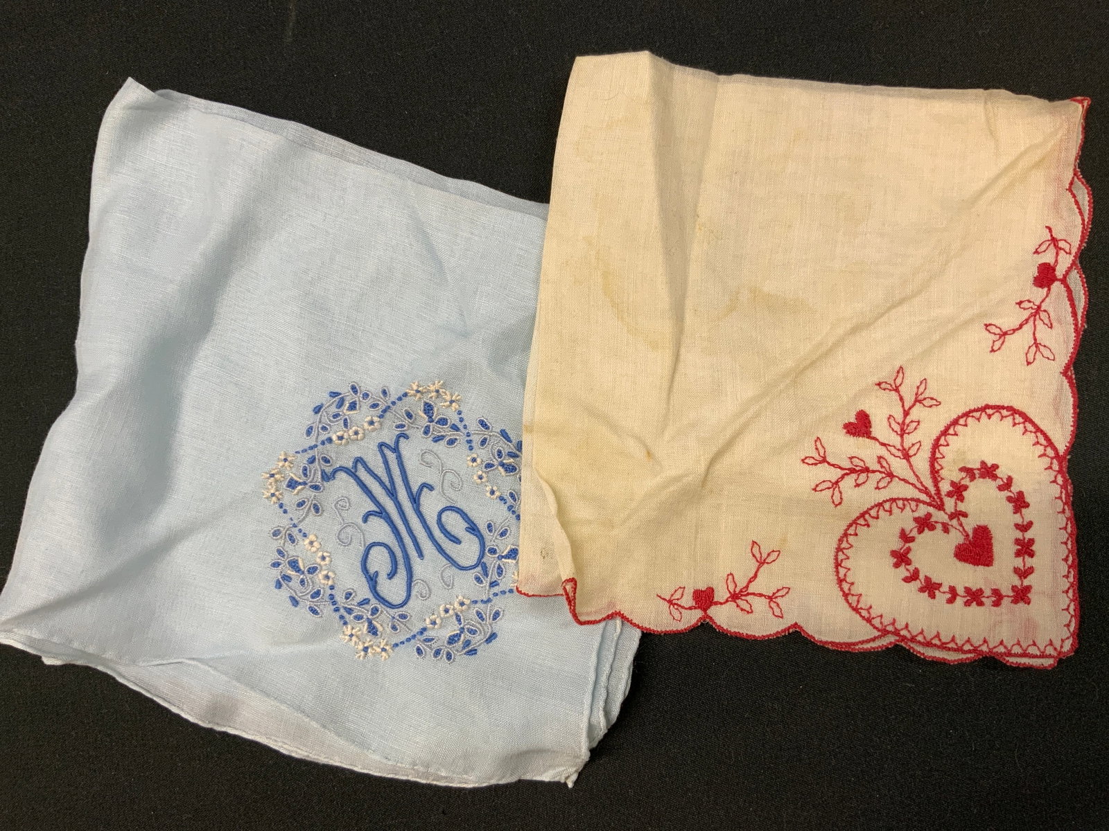 Vintage Set of 2 Embroidered Handkerchiefs: Vintage Set of 2 Embroidered Handkerchiefs. Includes 1x sky blue linen with blue and white monogram of the letter M embroidered in corner with decorative scrolls. 1x white linen, large hand