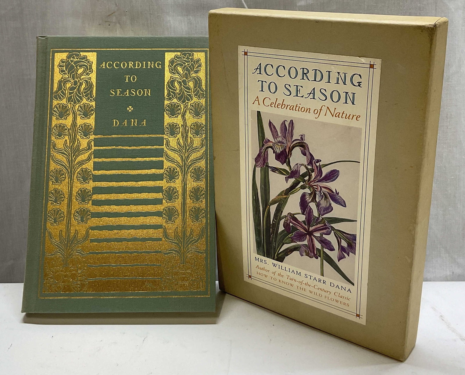 1990 According To Season Illus Bk Dana+: According To Season by Mrs. William Starr Dana. 16 original color plates by Elsie Louise Shaw. Published by Houghton Mifflin Company, 1990. Hard cover book with gilt embossed trim. Comes with book