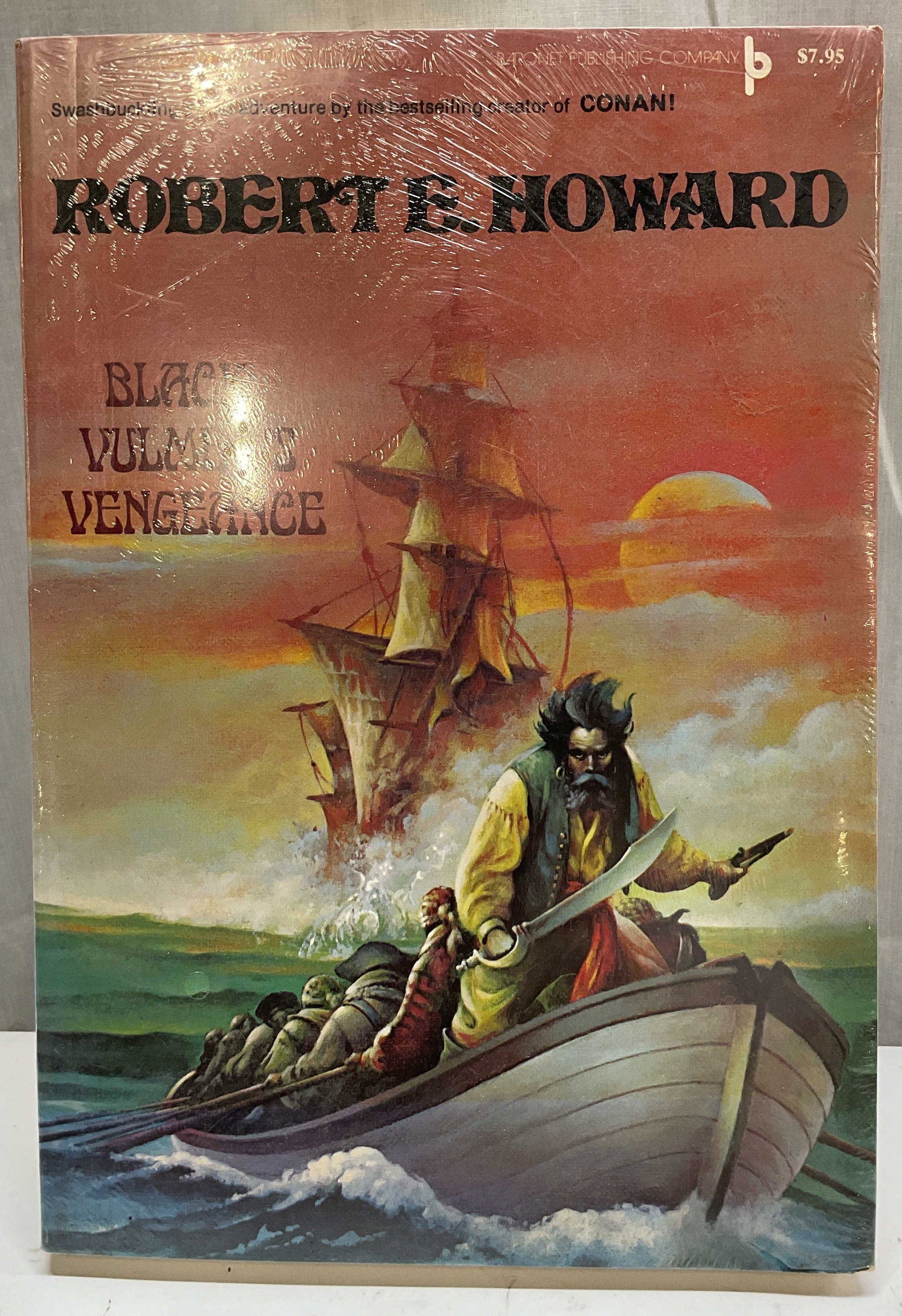 1977 Black Vulmeas Vengeance Bk Howard NIP+: Black Vulmeas Vengeance by Robert E. Howard. Published by Baronet Publishing Company, 1977. Soft cover book with illustrated cover. New in package, unopened. Measures approx 7.5 x 10.5 inches. Good