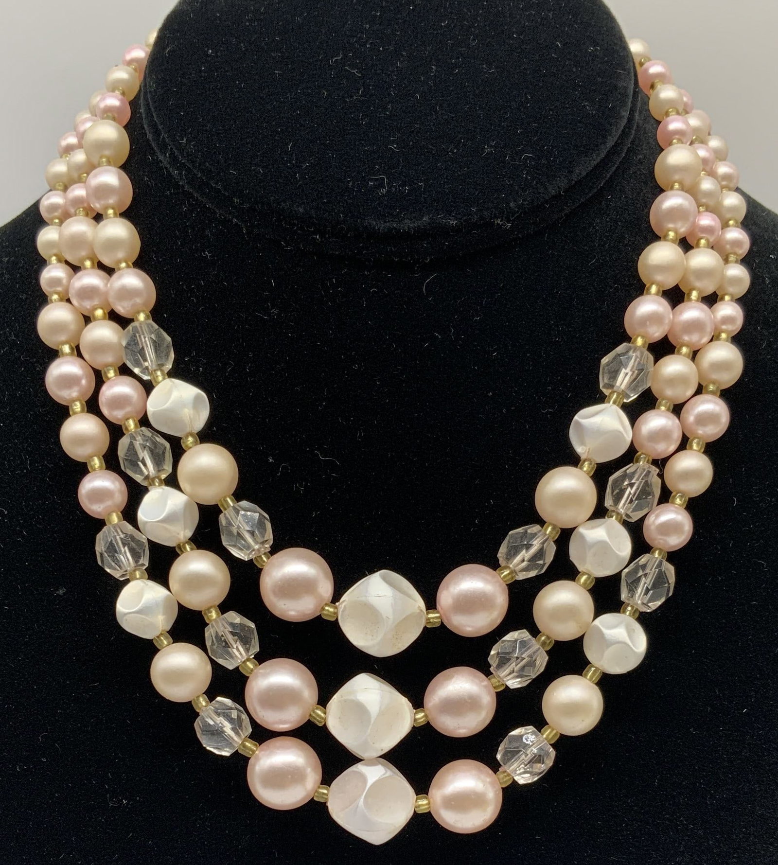 Vtg 3 Strand Pink Faux Pearl Necklace, Japan (1 of 7)