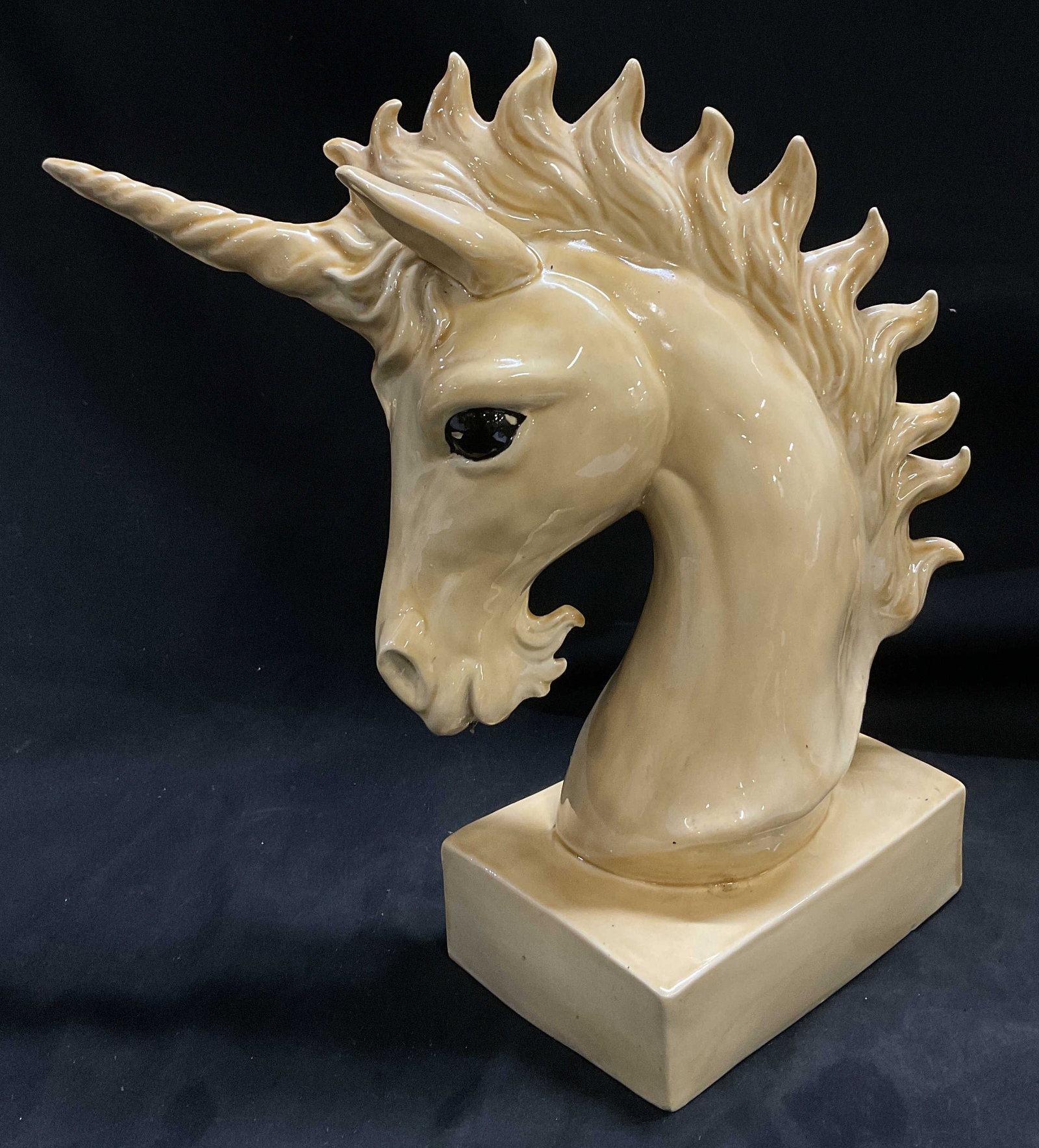 VINTAGE Hand-Painted Unicorn Bust Statue: Vintage Hand-Painted Ceramic Unicorn Bust Statue. Yellow-Cream Glaze. Custom Inscription Reads For Marlene with Love. Production Numbers 6E85. Condition Consistent With Exposure. Measures app 12.5in