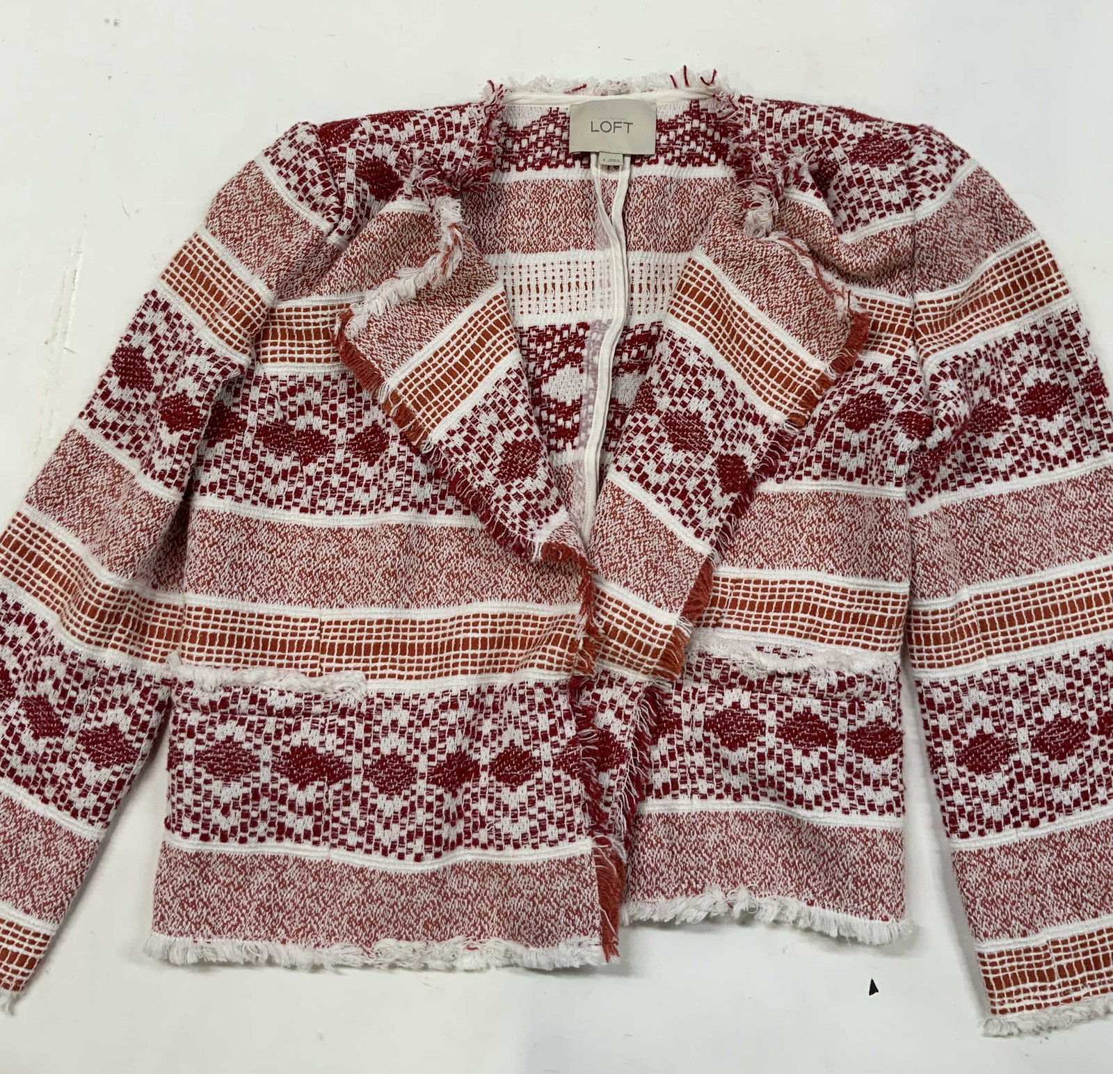 LOFT open front tweed jacket.: LOFT open front tweed jacket. Size 4. Jacket features a vibrant red and white geometric woven design with subtle orange accents. Crafted from mid weight cotton and polyester blend that provides a