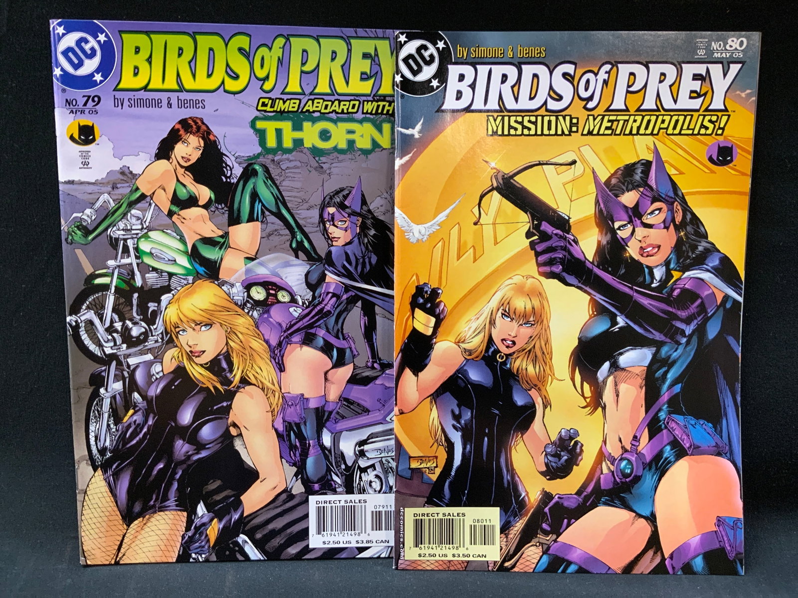 Vtg Lt2 DC Comics Birds of Prey #79+#80: Vintage Lot of 2 DC COMICS BIRDS OF PREY. Includes: May 2005 DC Comics Birds of Prey Mission: Metropolis! #80 Written by Gail Simone with art by BENNET and Benes. And April 2005 Birds of Prey Climb