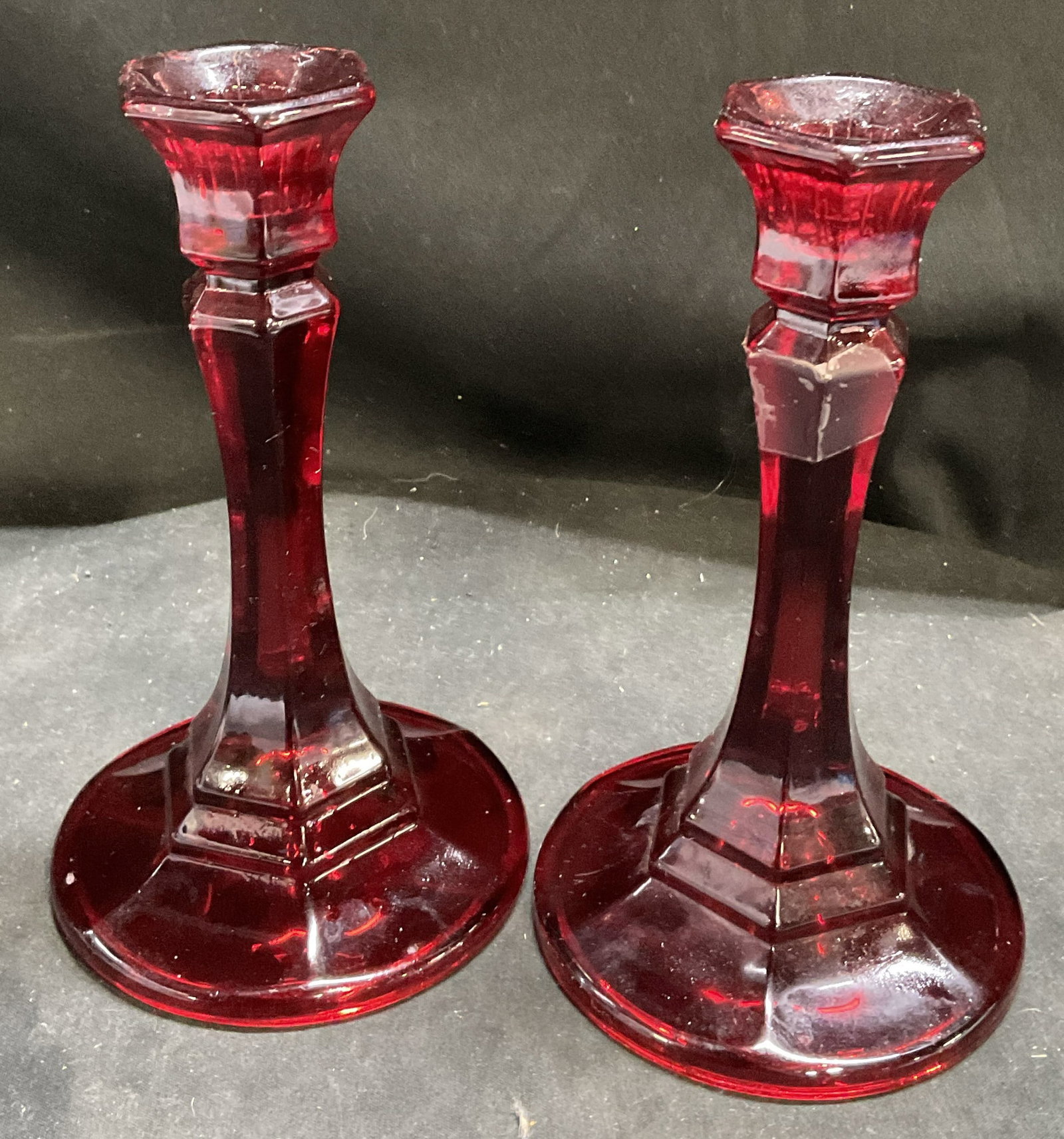 Pair Ruby Red Glass Candlesticks (1 of 6)