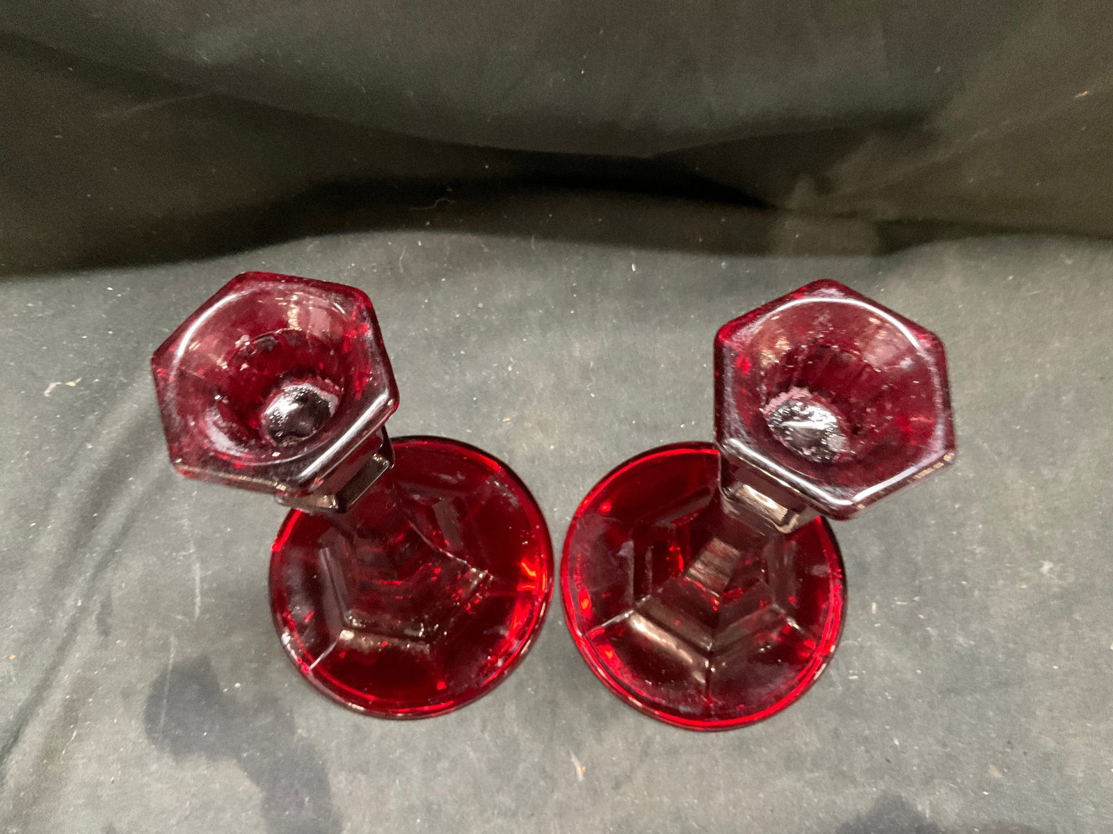 Pair Ruby Red Glass Candlesticks - 2