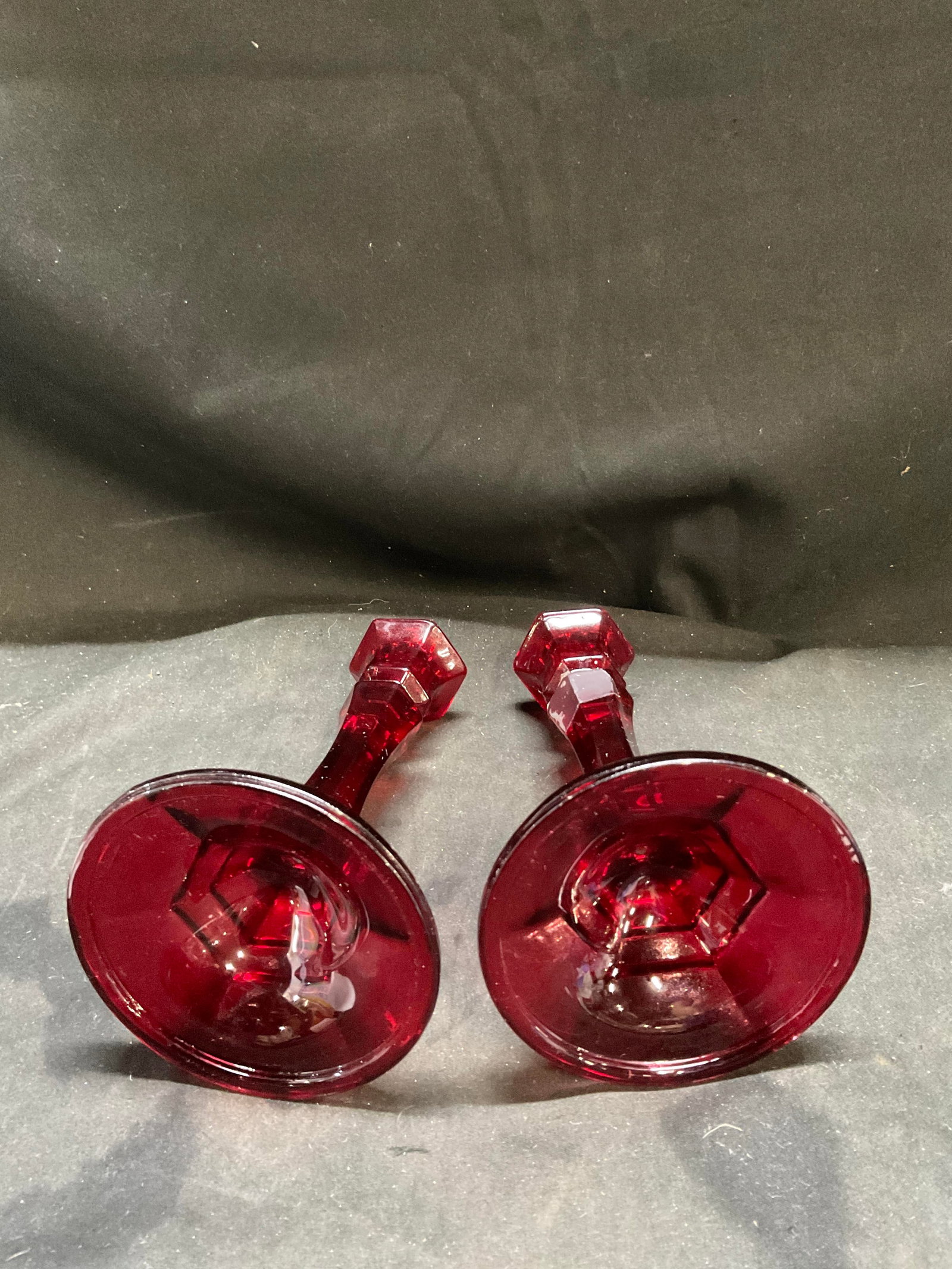 Pair Ruby Red Glass Candlesticks - 5